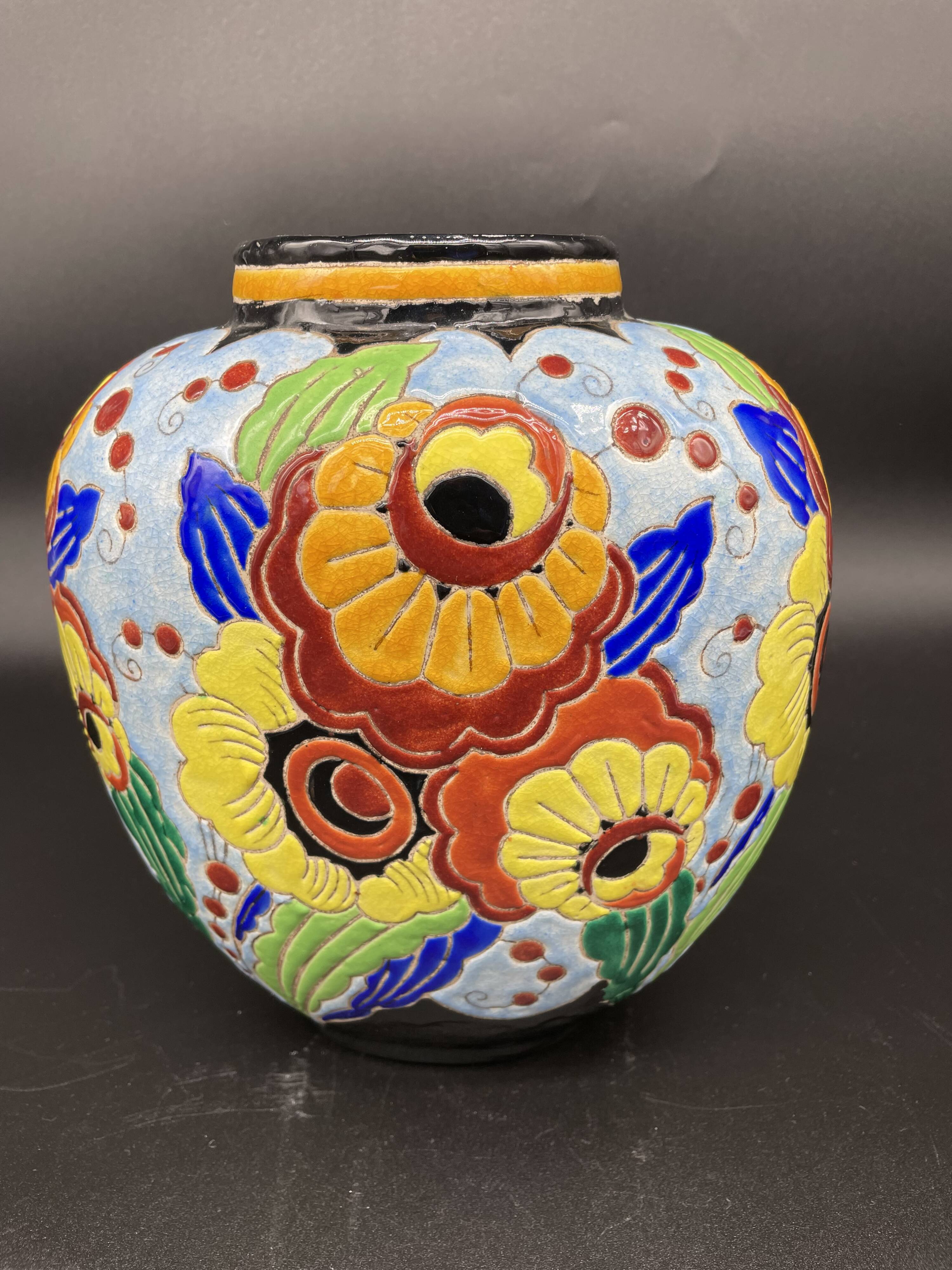 Ovoid vase, charles catteau, keramis, art deco period, fine earthenware, floral enamel decoration, vase col