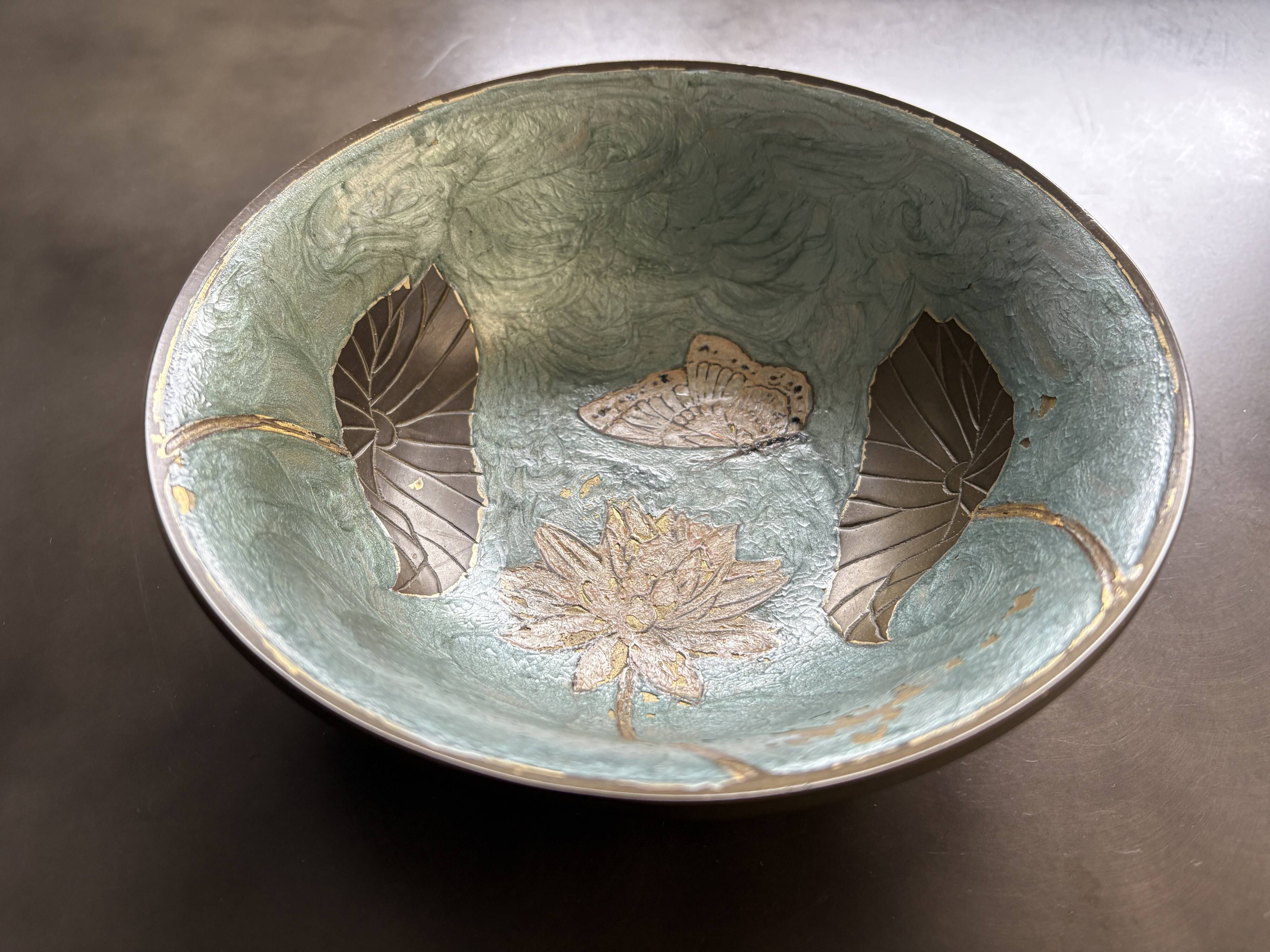 Large enamelled brass bowl