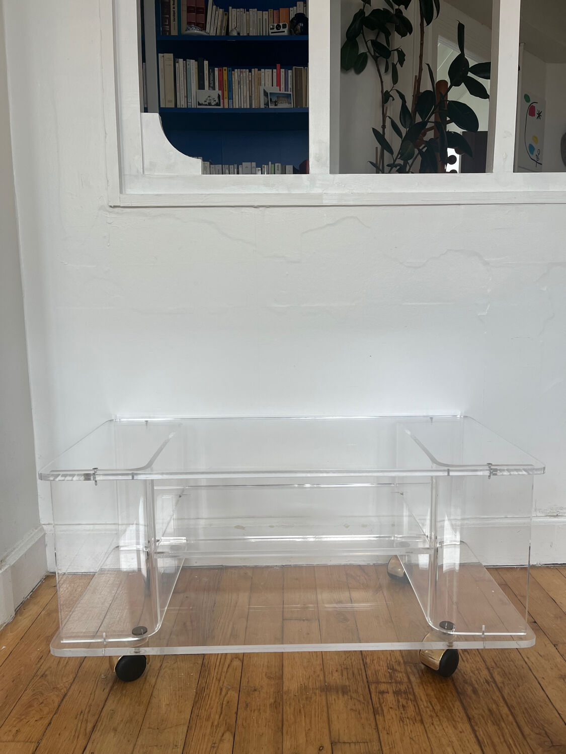 David Lange rolling side table in Plexiglas