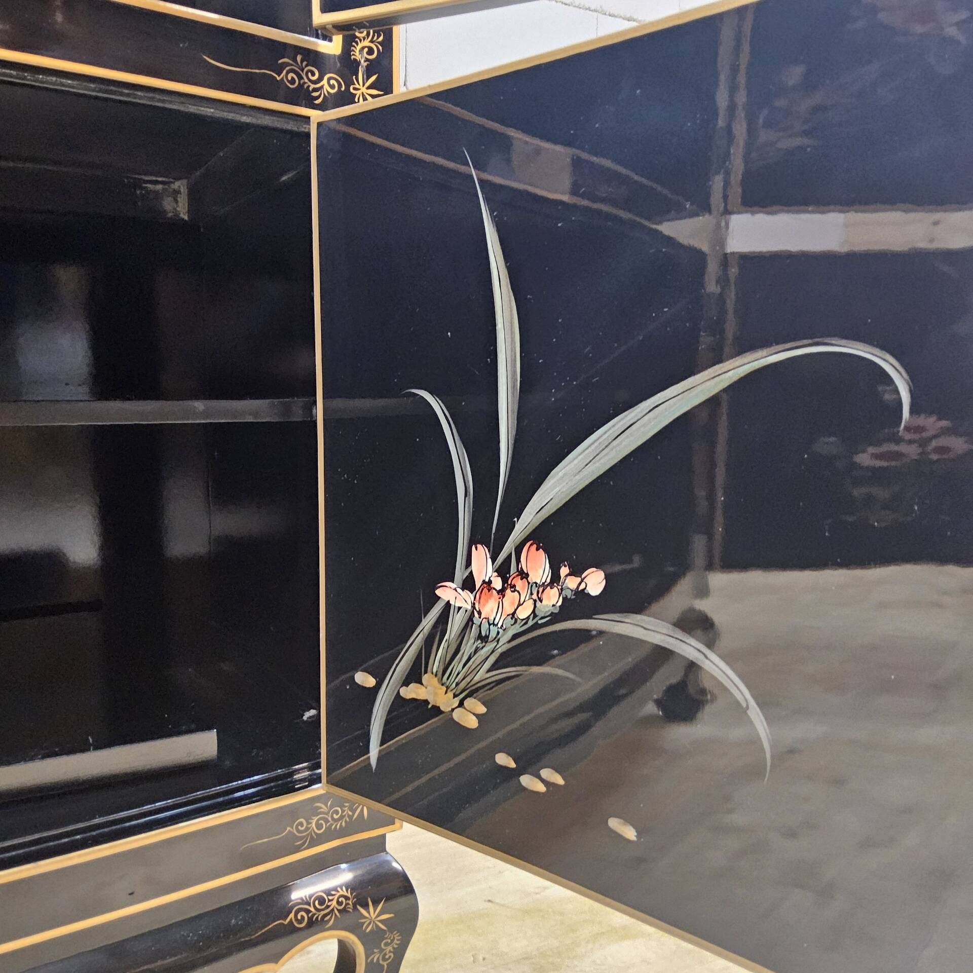 Vintage Chinese lacquer cabinet with black flowers and birds / bohemian