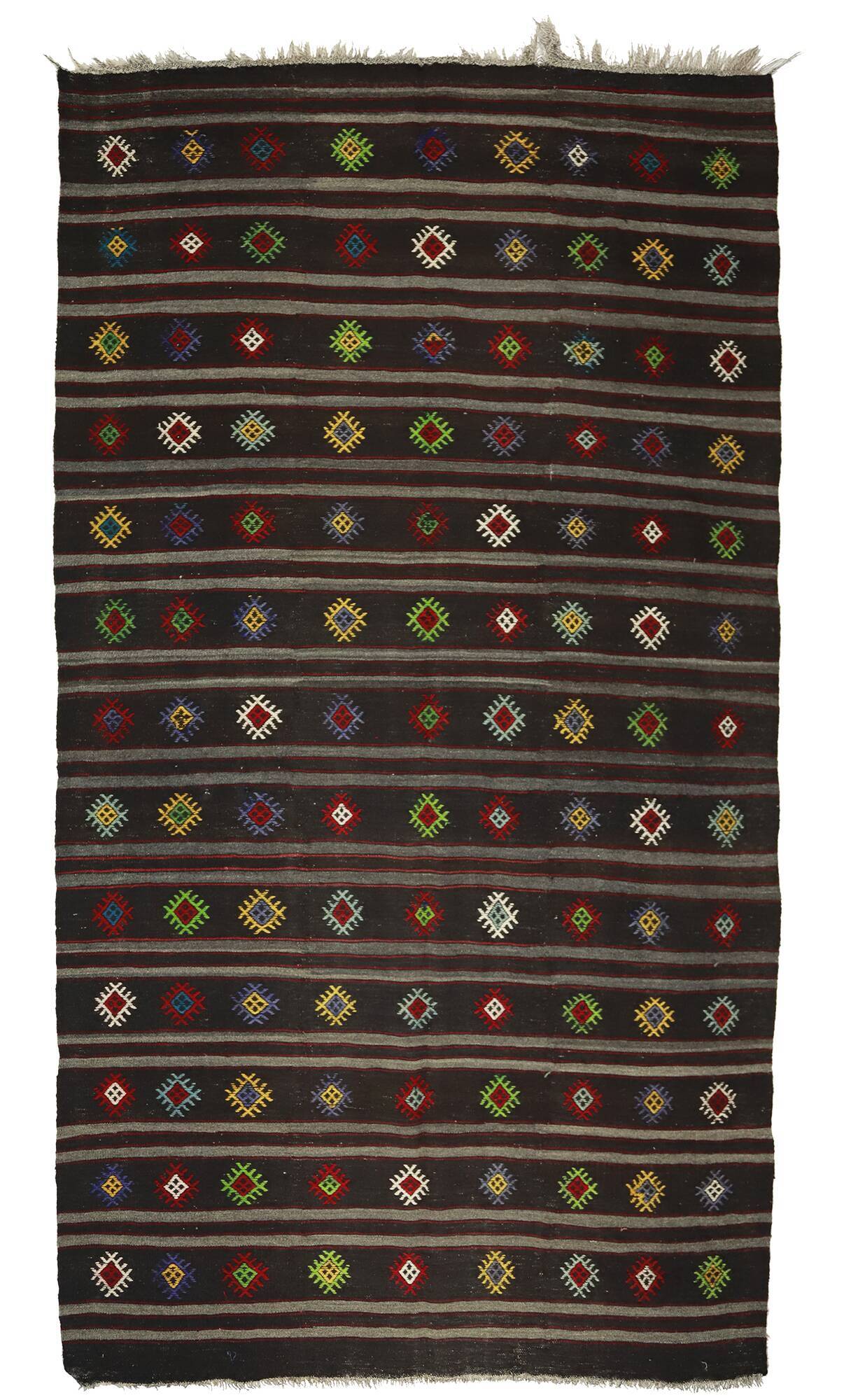 Turkish Kilim Yuruk Vintage 190x350 cm Geometric Patterns Black Multicoloured