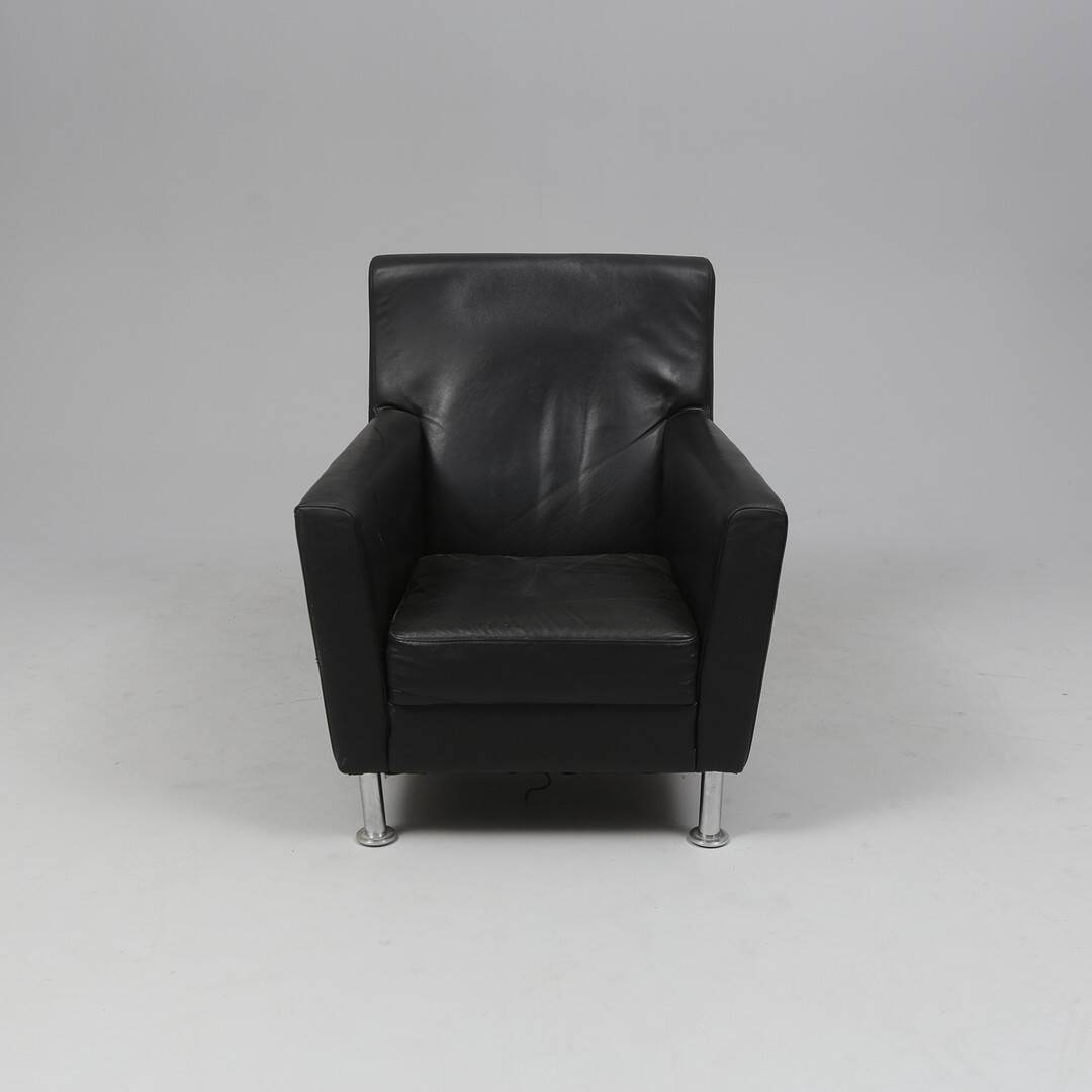 Modern Lounge Armchair with Matching Footstool — Black Leather