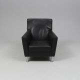 Modern Lounge Armchair with Matching Footstool — Black Leather