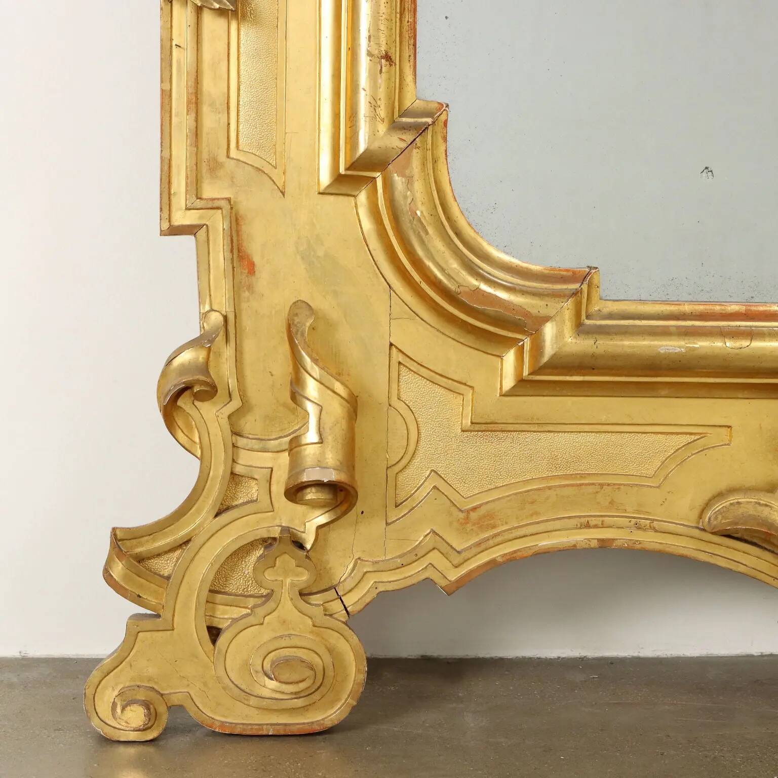 Large antique umber pine mirror from Switzerland, Italy, 19th century.