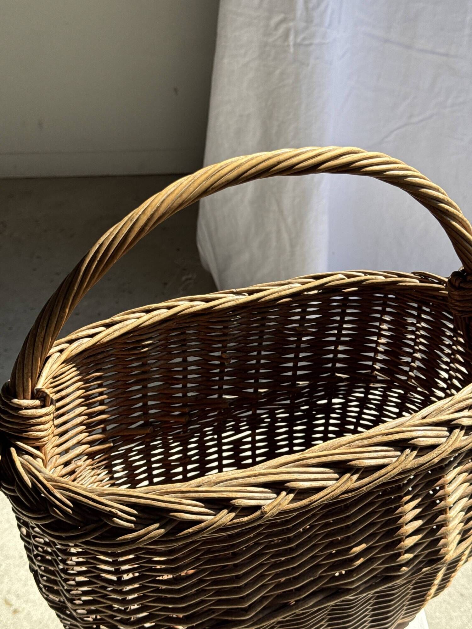 Large antique woven wicker basket with handle H45 L43 D25