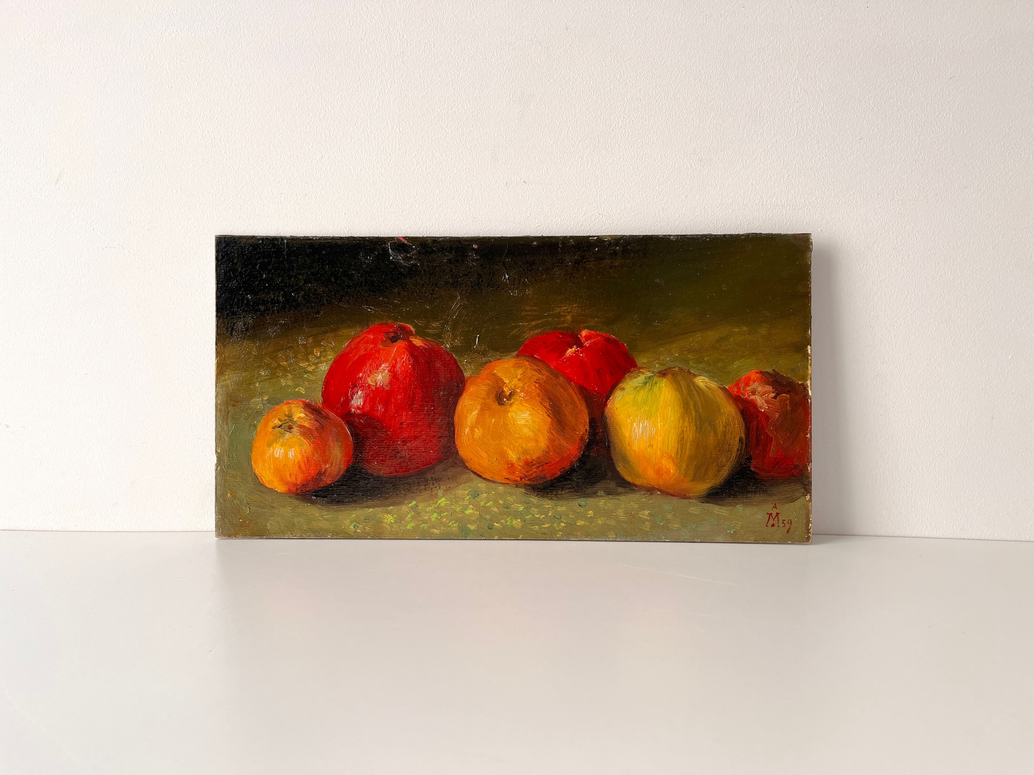 Authentic still life with apples circa 1959, oil painting