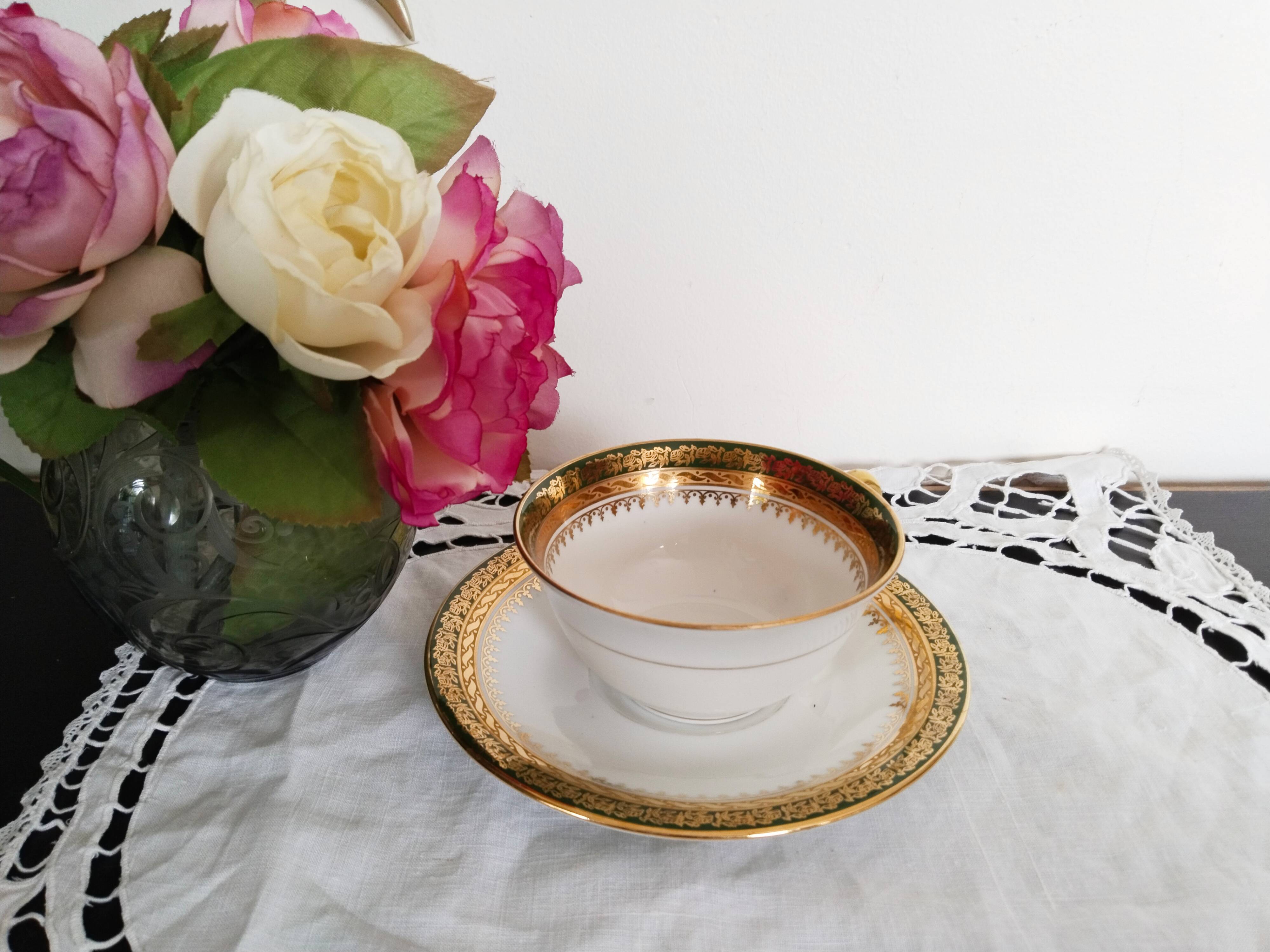 Limoges porcelain tea or chocolate cup, green and gold