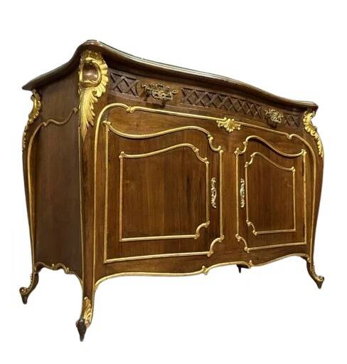 Louis XV style chest of drawers with curved Venetian doors in mahogany and gilded wood