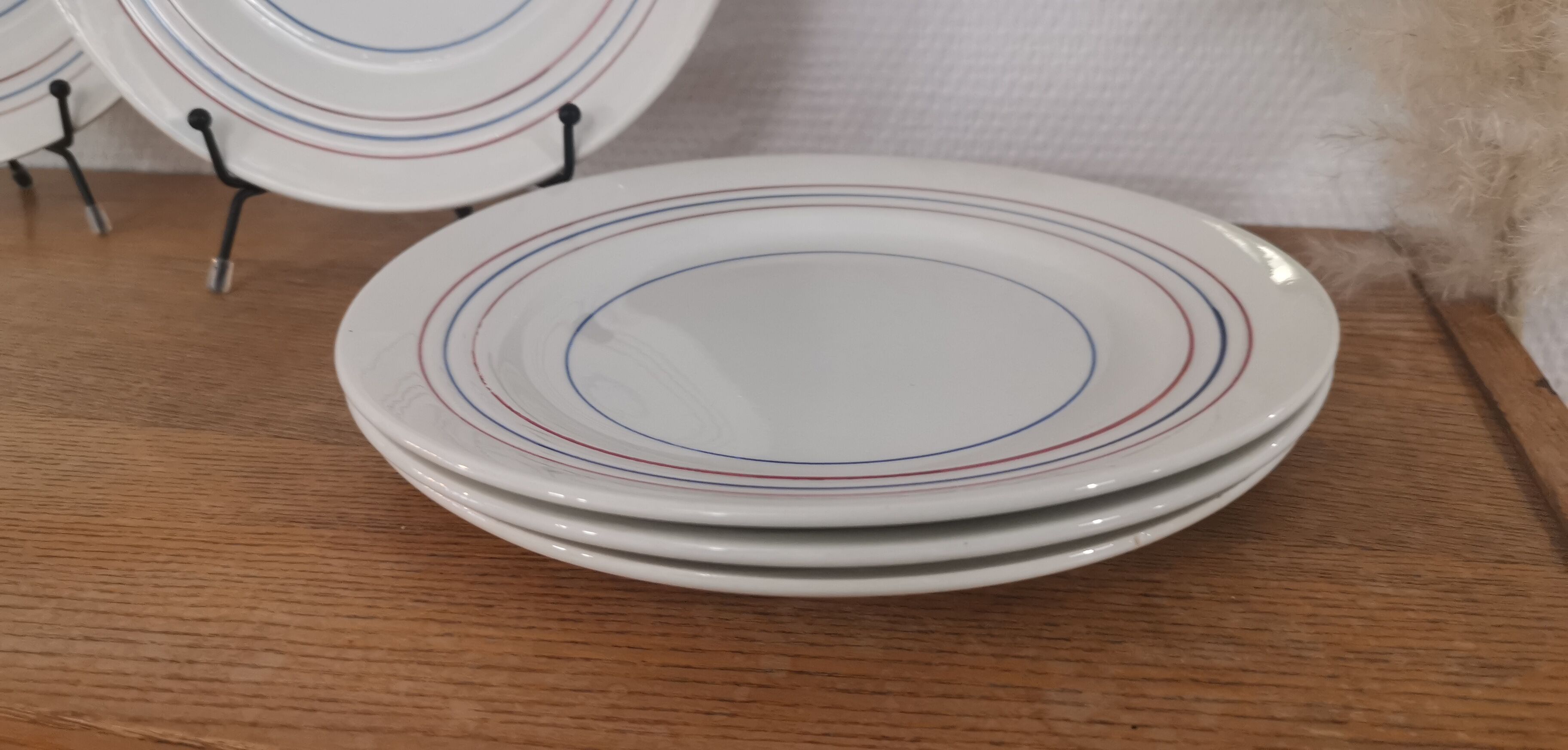 Set of 7 flat plates CERANORD St AMAND décor blue and red lines French Antique