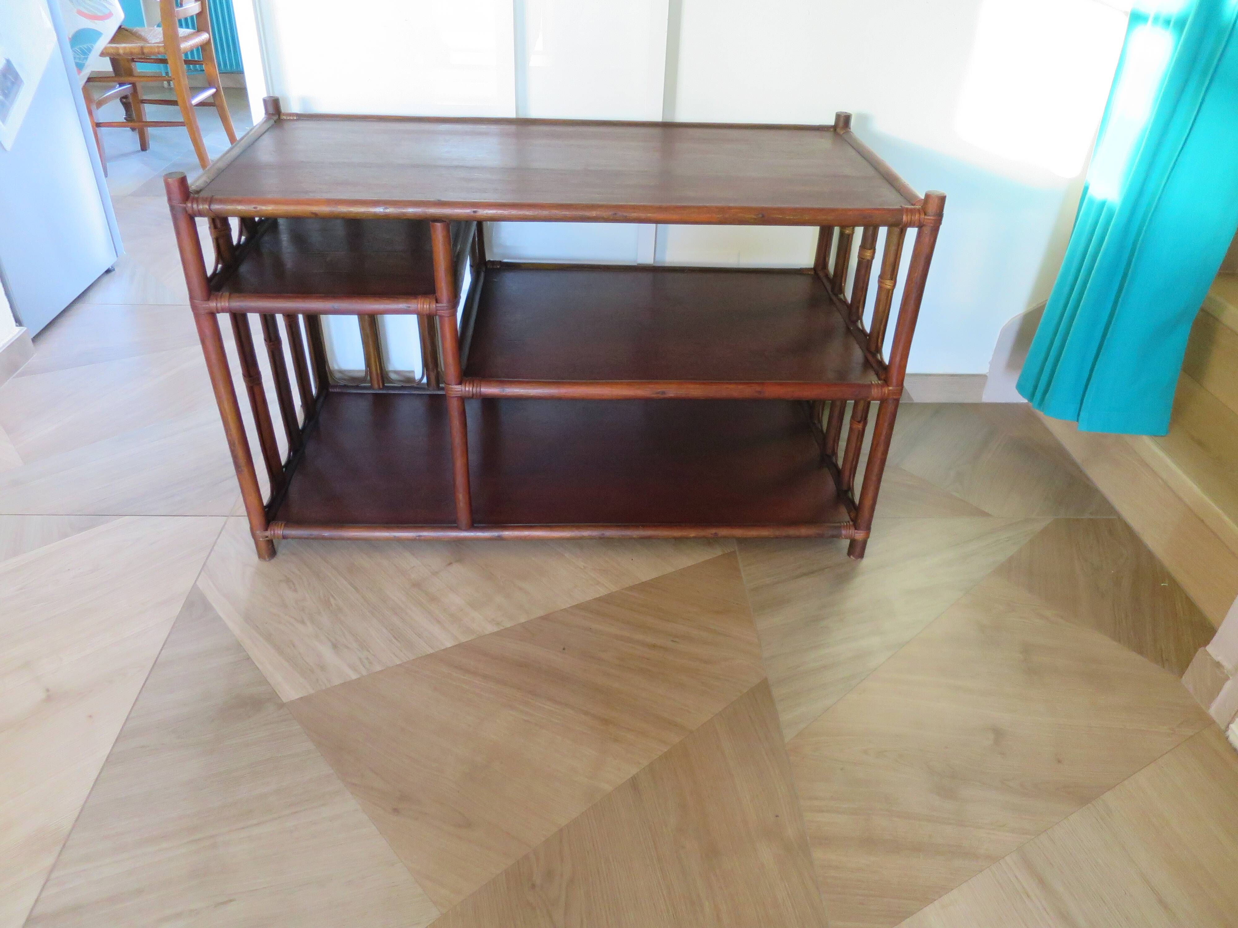 Retro side table - vinyl furniture - rattan and bamboo - 1980s