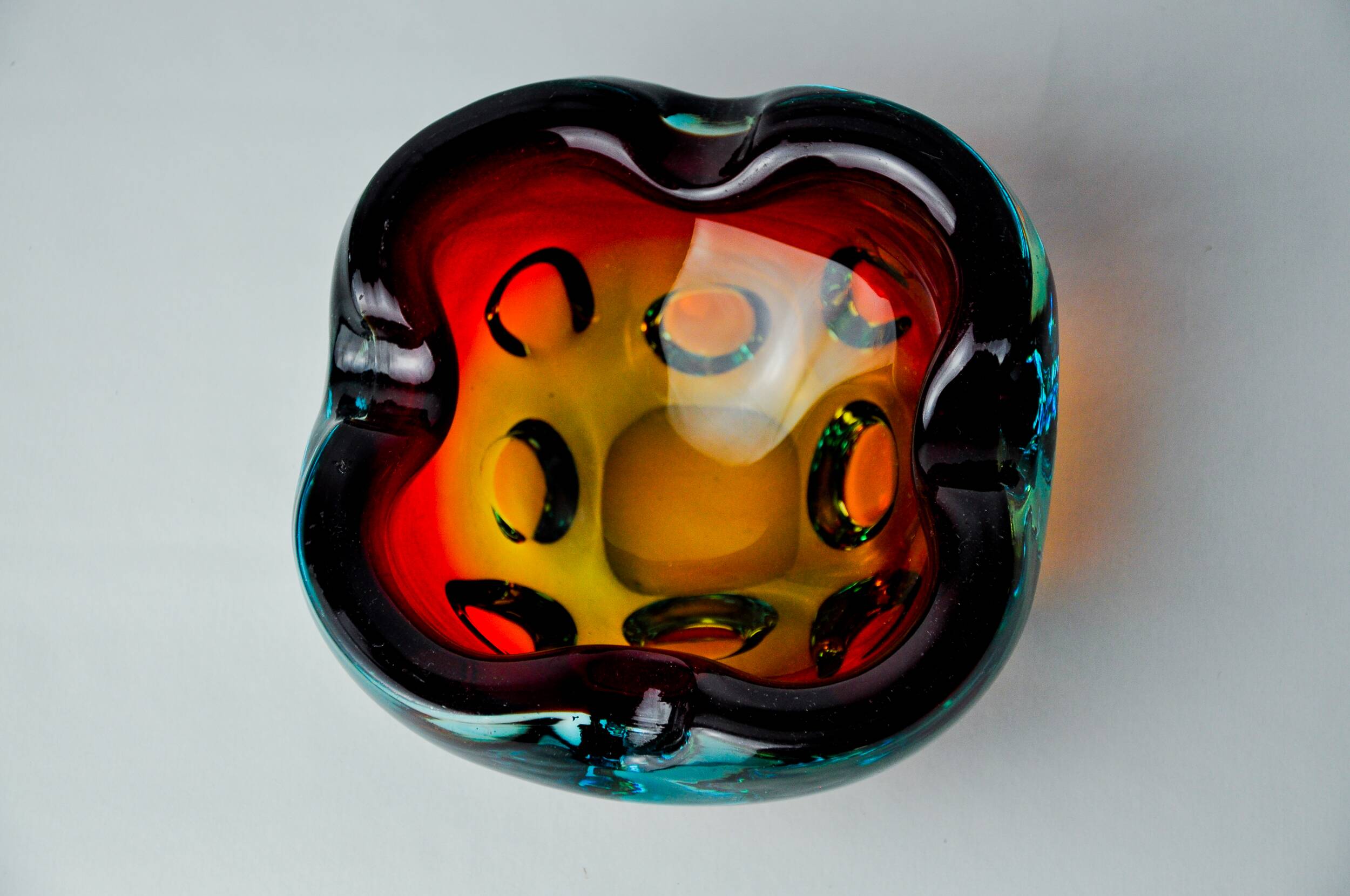 Sommerso orange and blue trinket tray by Flavio Poli for Seguso, Murano glass, Italy, 1970