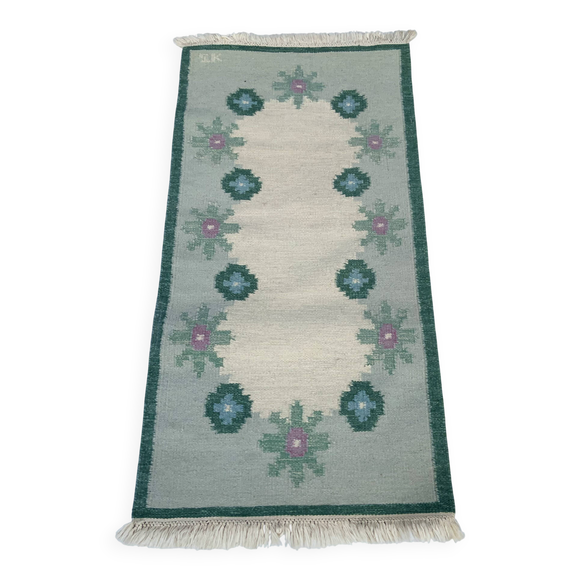 Tapis suédois en laine tissé à plat Kilim Rölakan en vert par Karin Jonsson 1960
