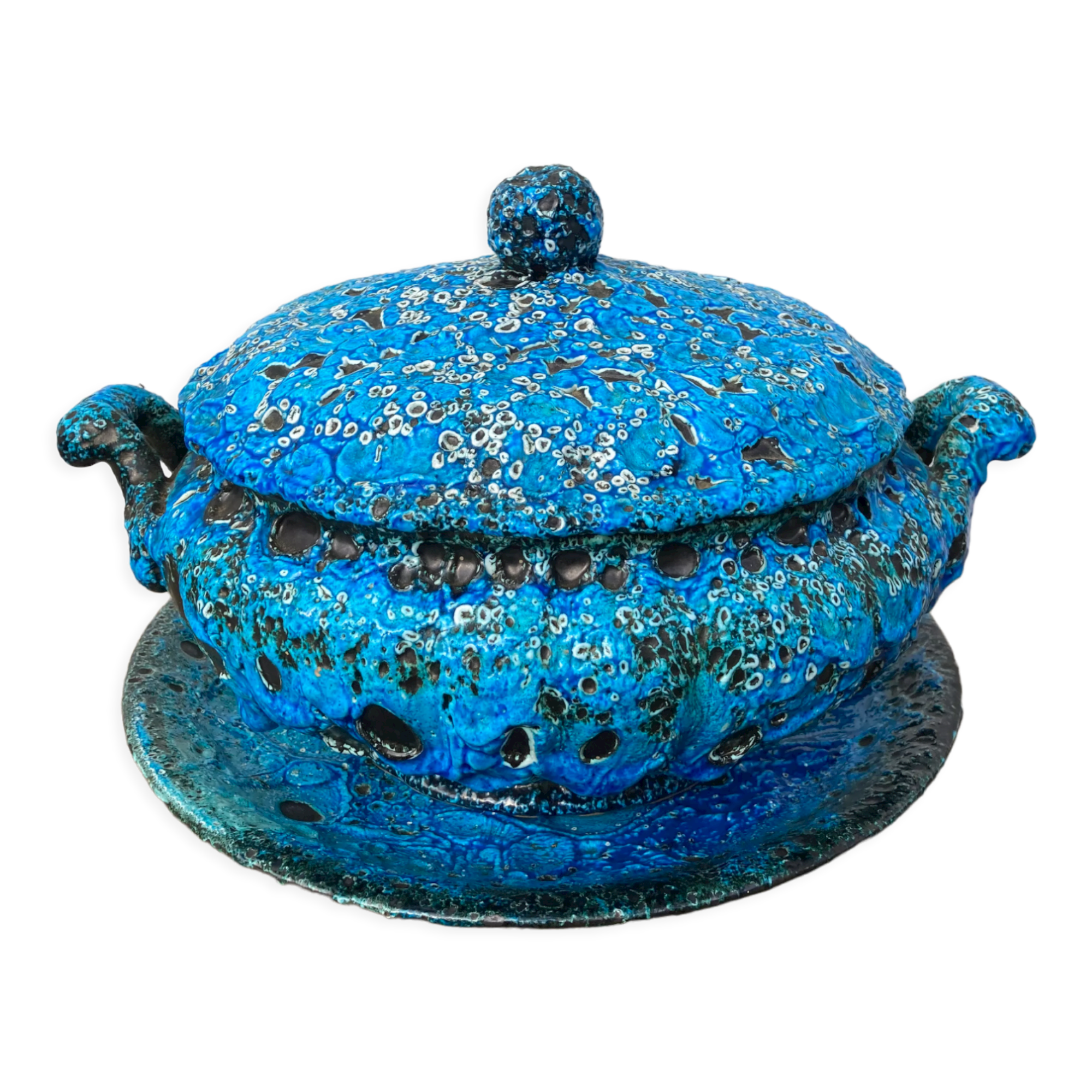Glacier ennamel tureen vintage turquoise blue 1960 / cyclops varnished earthenware by Charles Cart