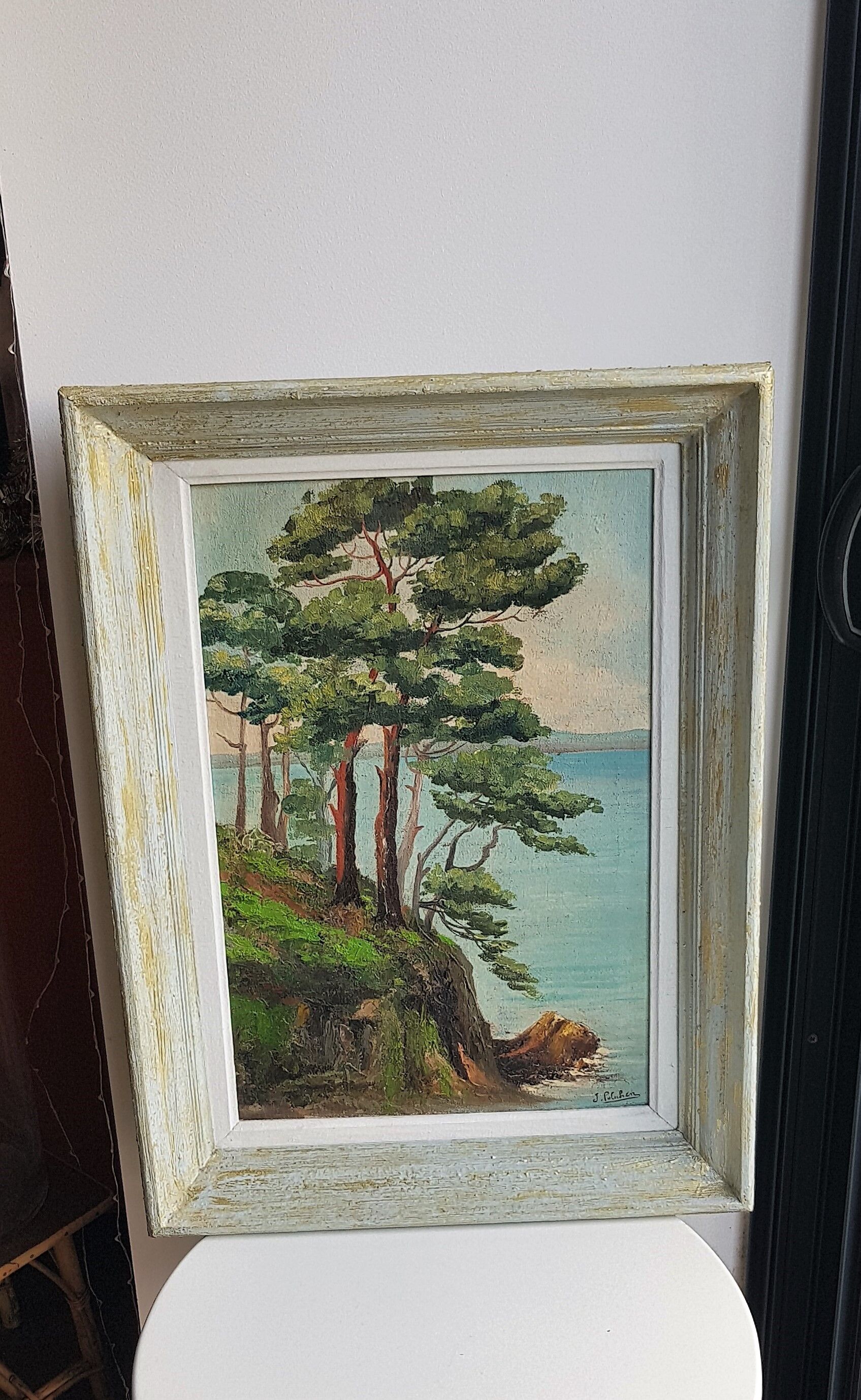 Table oil on canvas framed landscape sea