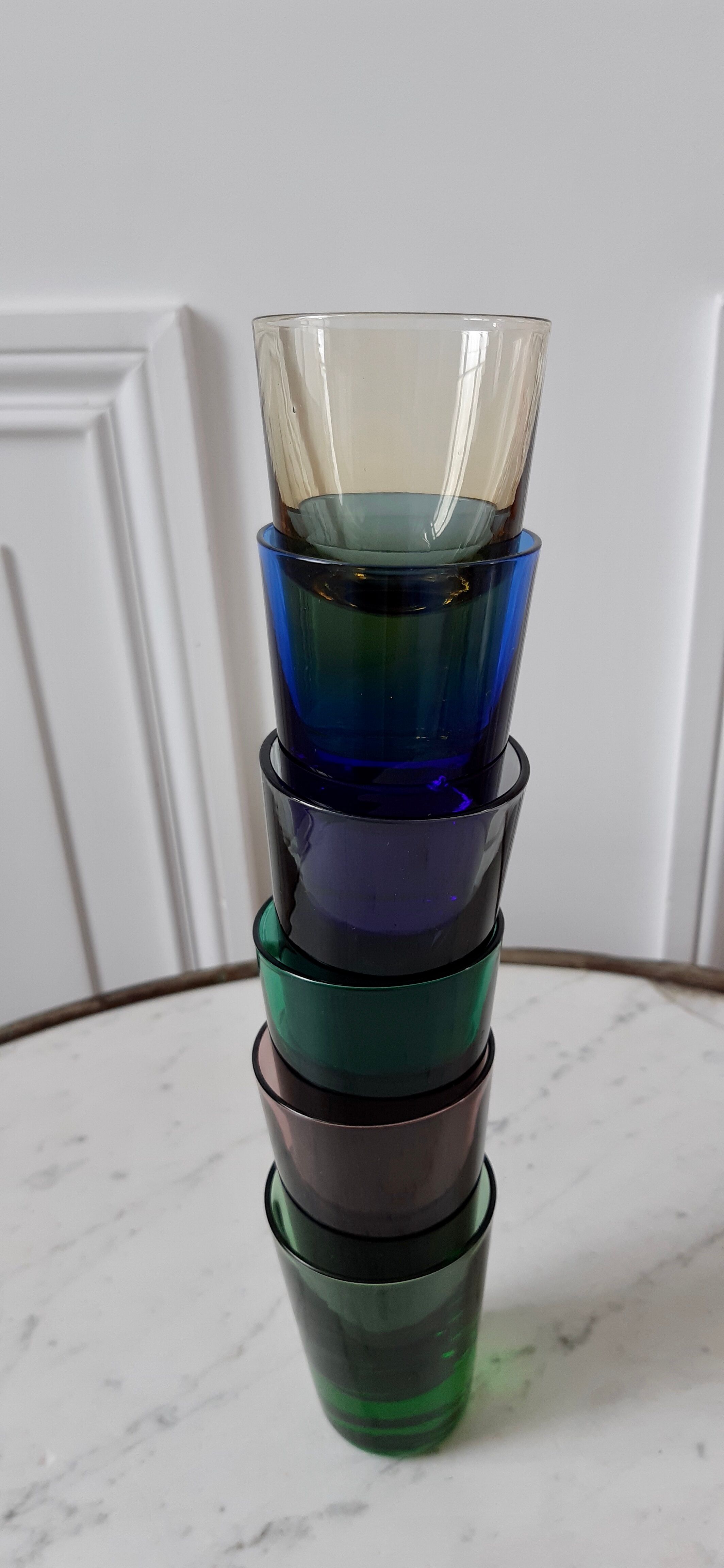 Set of 6 colored digestive glasses with thick bottoms 70s