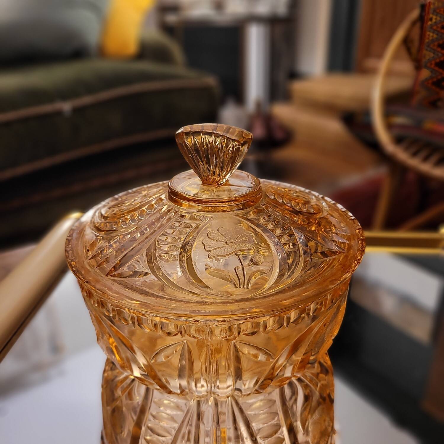 Cut amber glass candy dish – France, 1950s