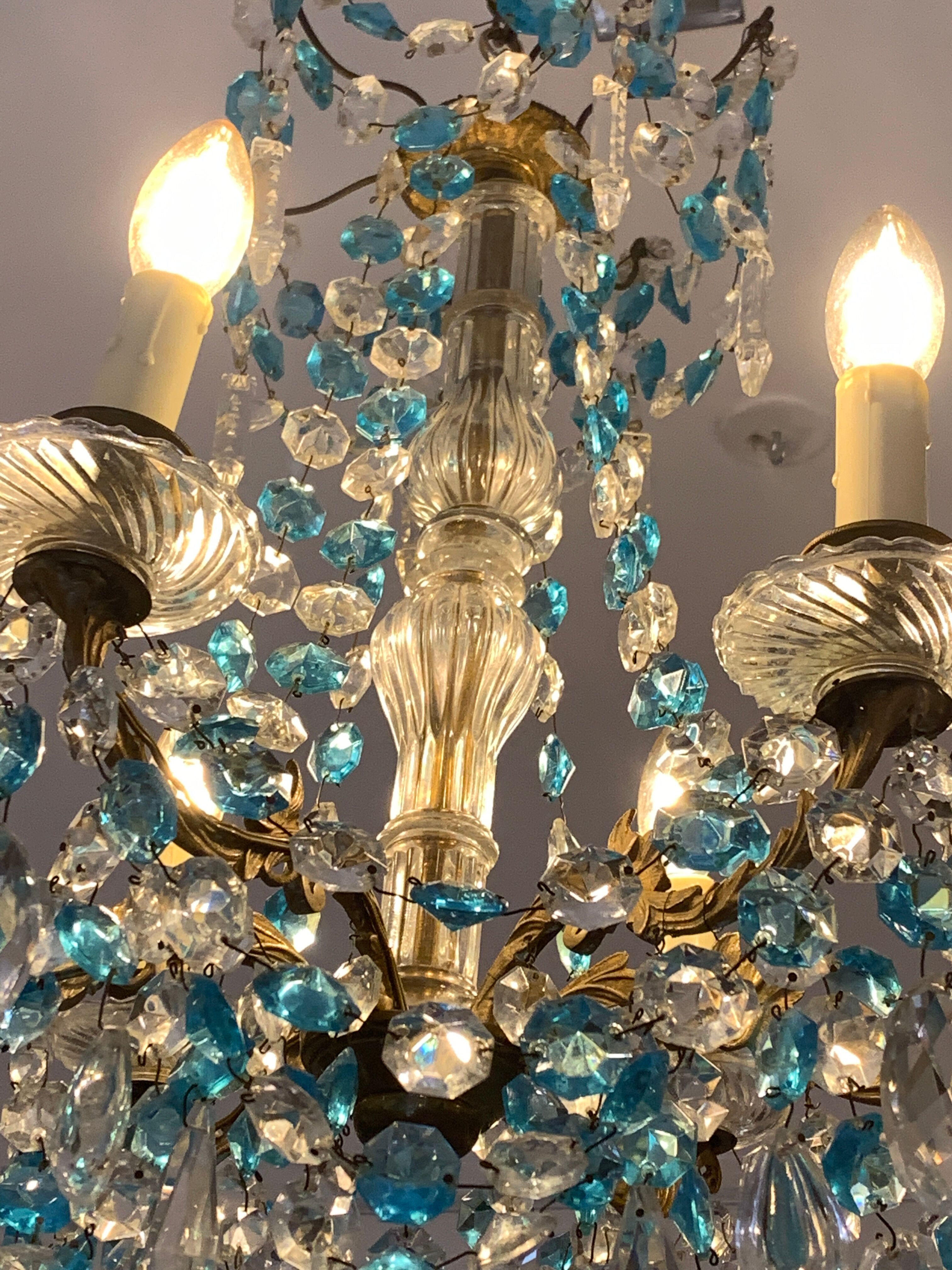 Chandelier with blue crystal pimples, 6 lights, Baccarat, 1950, art nouveau style