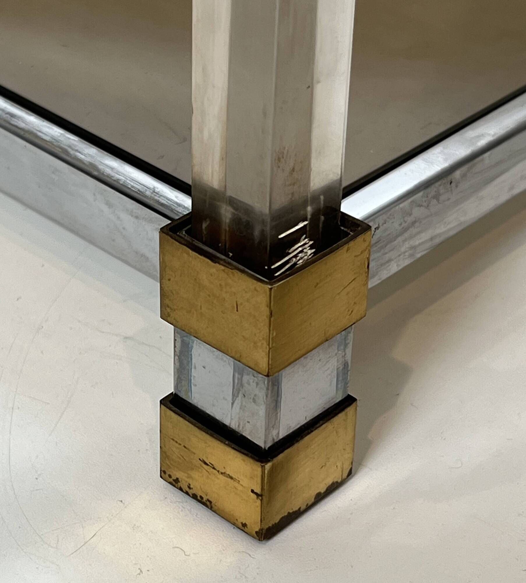 Lucite Shelf with Three Smoked Glass Shelves and Brass Ends. Work