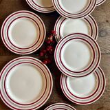 Set of 8 flat plates and a vintage dish, red and gold decorations, manufactured