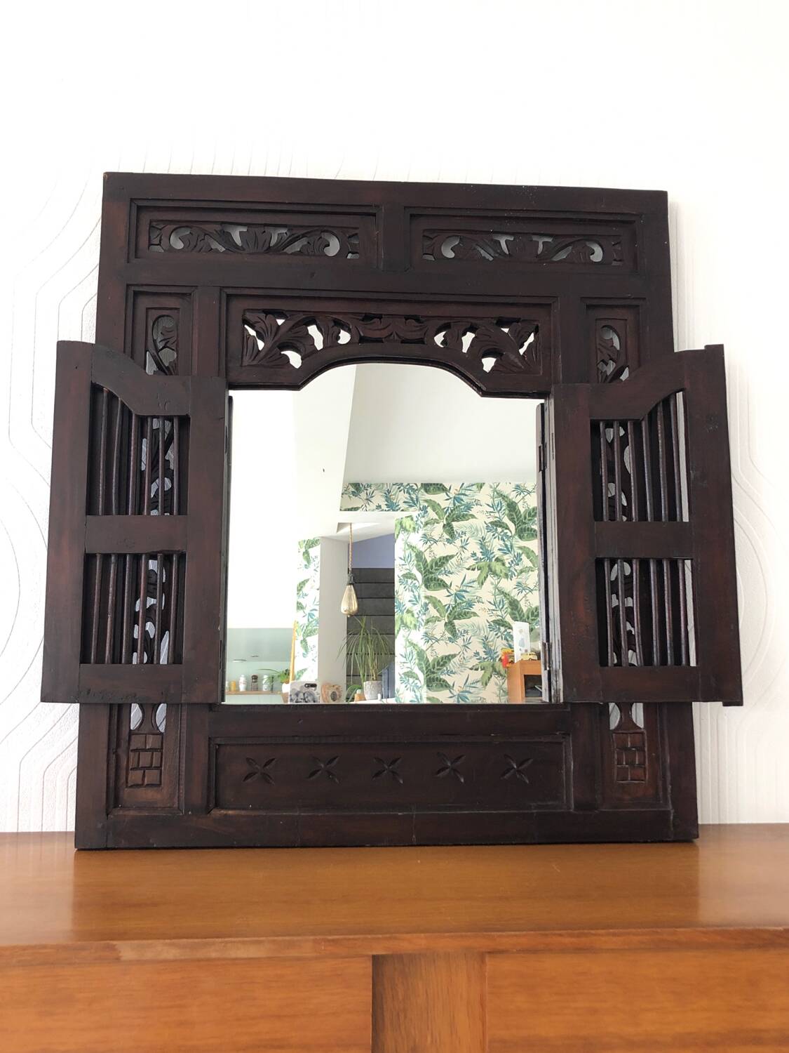Vintage Indonesian teak shuttered mirror