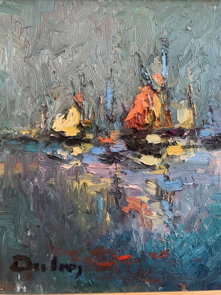 Oil on panel Arcachon Bay Cap Ferret Lighthouse 1970 signed J.Dubroc