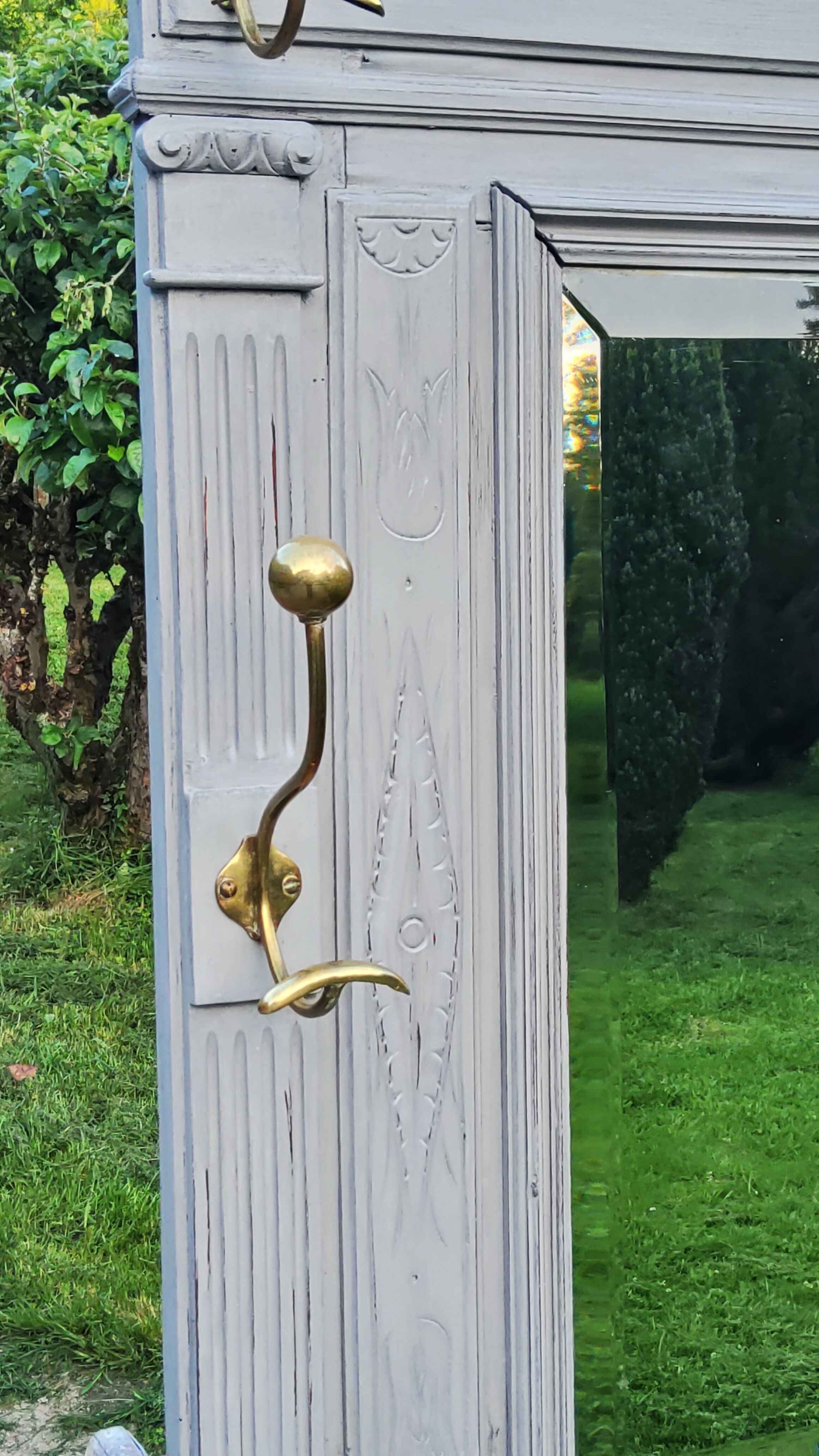 1900s coat rack patina gray mirror brass hooks