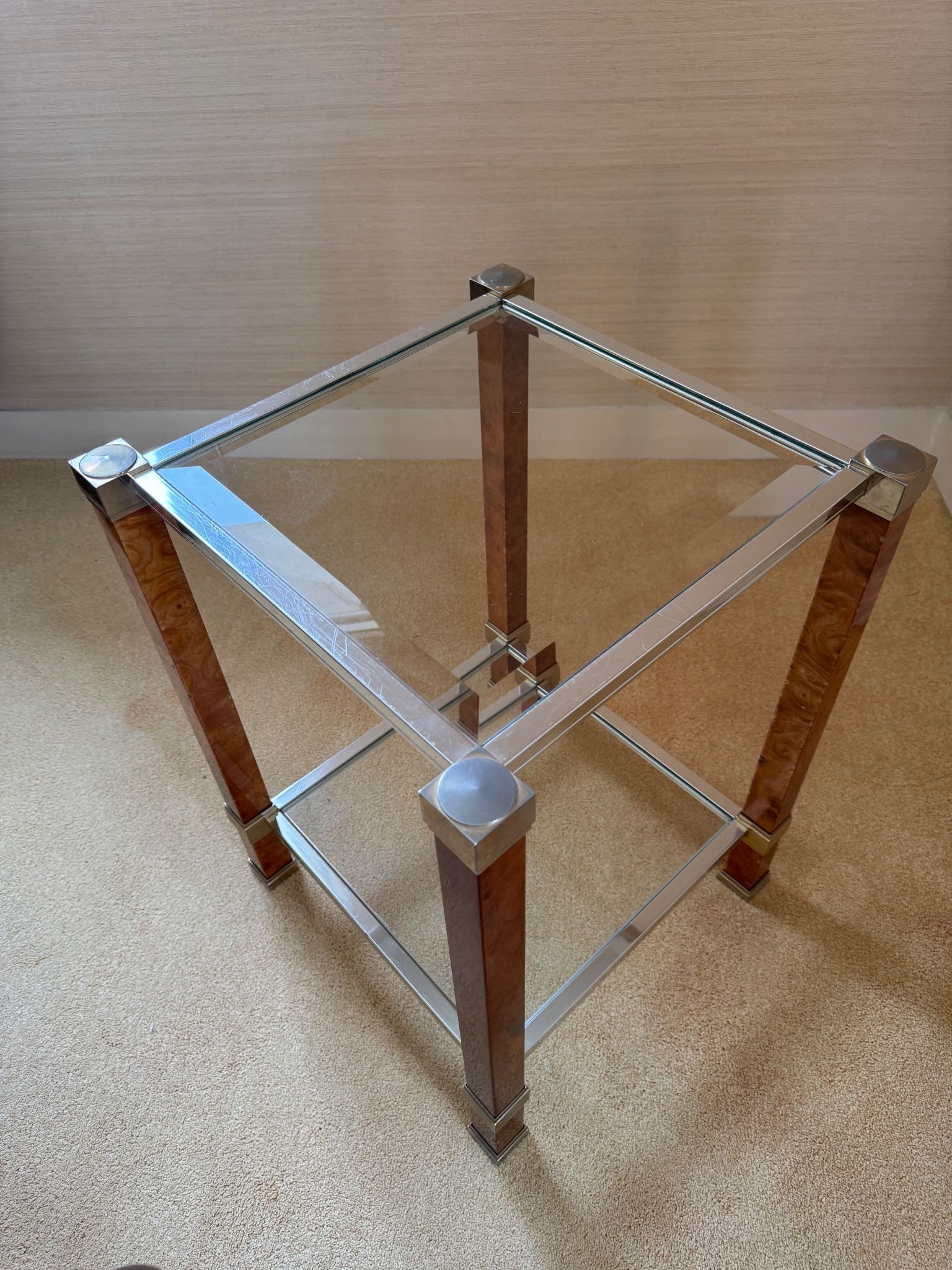 Side table Pierre Vandel Paris, magnifying glass and chrome, engraved brass plate.