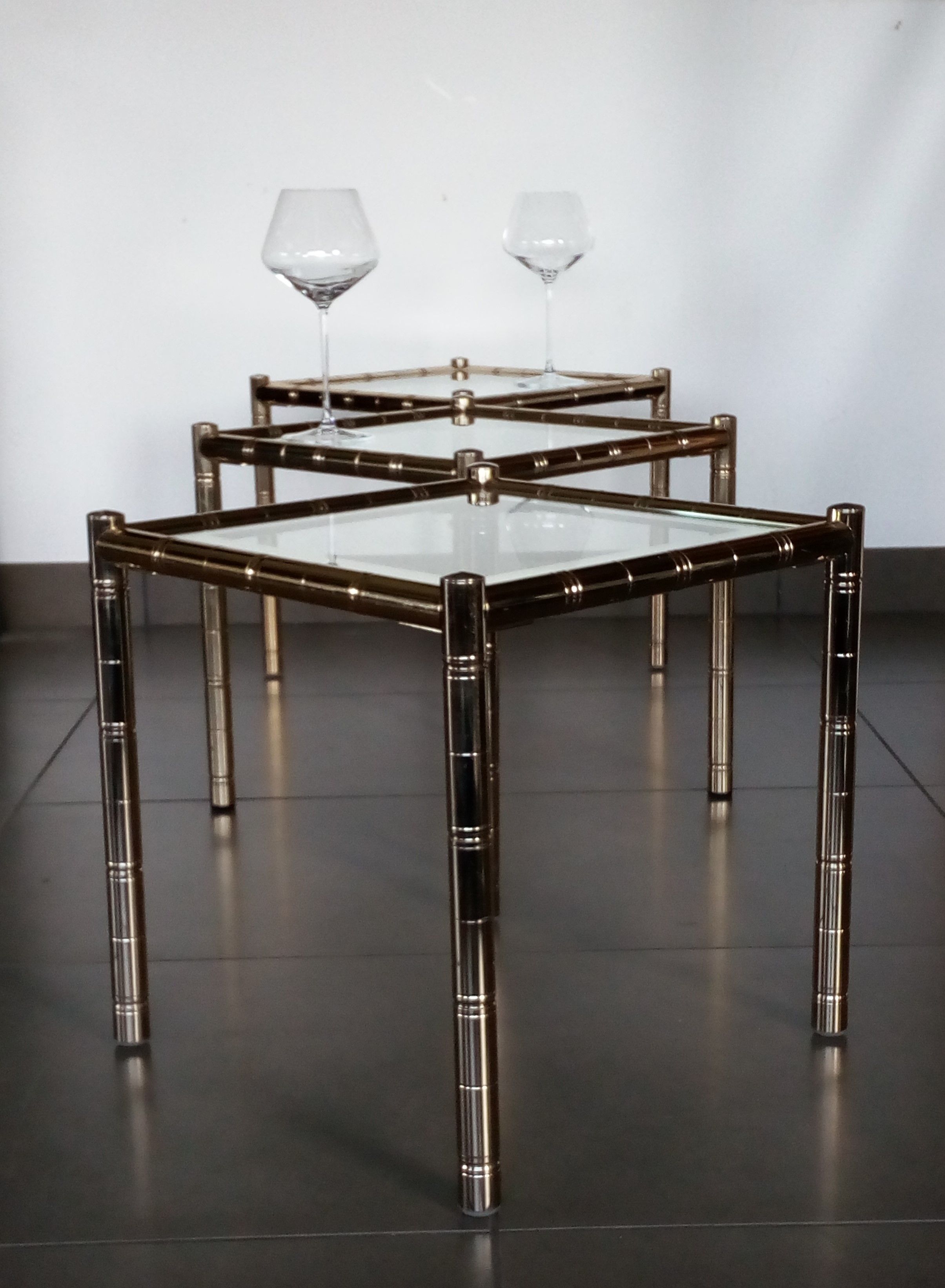 Vintage lancel house, 3 ends of sofa / side tables, in gilded brass bamboo way tbe.