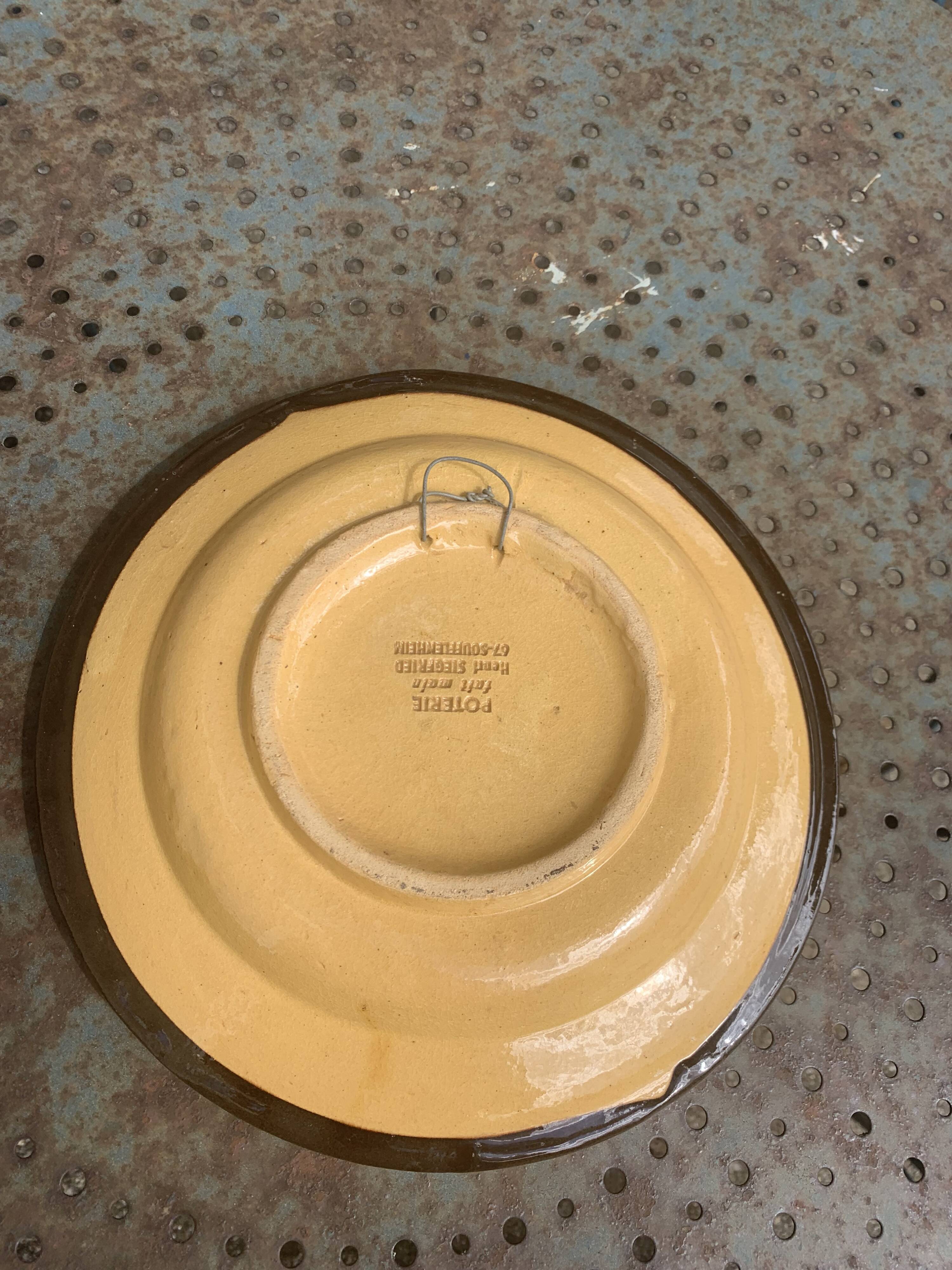 Alsatian decorative hollow dish, handmade pottery, Henri Siegfried, vintage