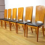 6 Vintage Blond Oak Chairs, France 1960