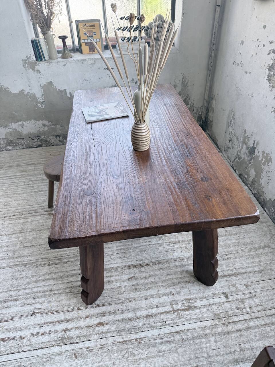 Brutalist oak table by De Puydt, Belgium 1970