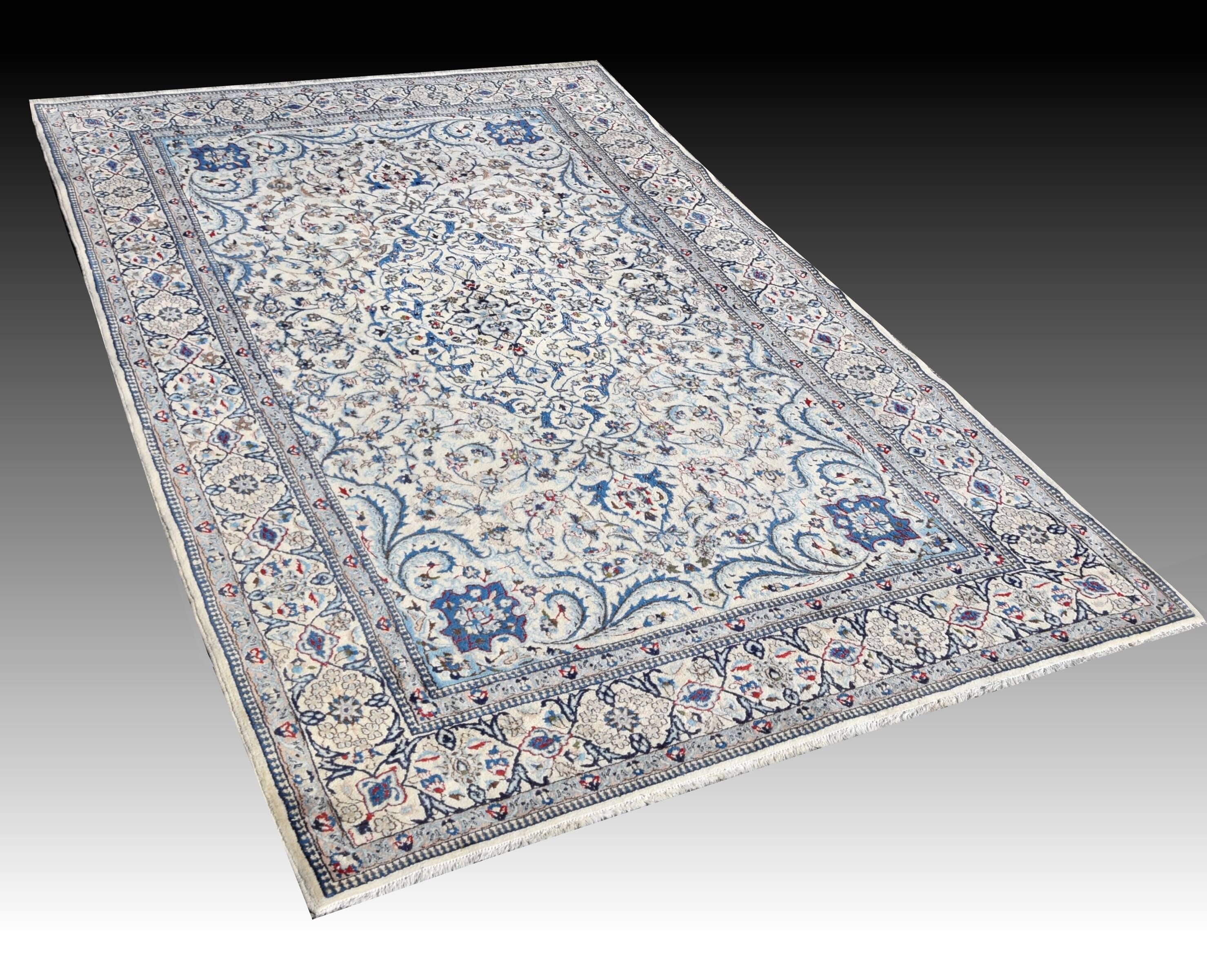 Persian Iran Nain Wool and Silk Oriental Rug: 3.10 X 2.08 Meters