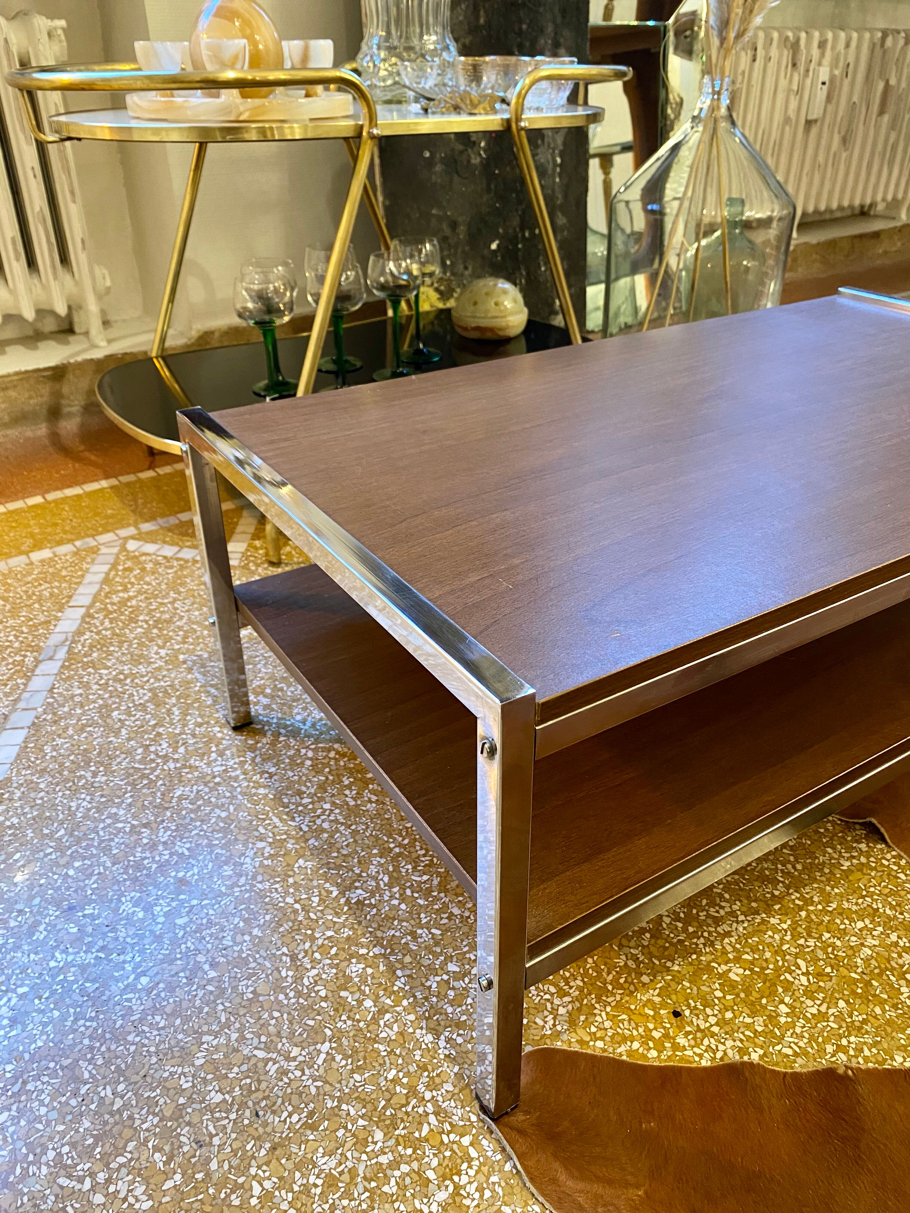 Coffee table in wood and chrome metal from the 70s