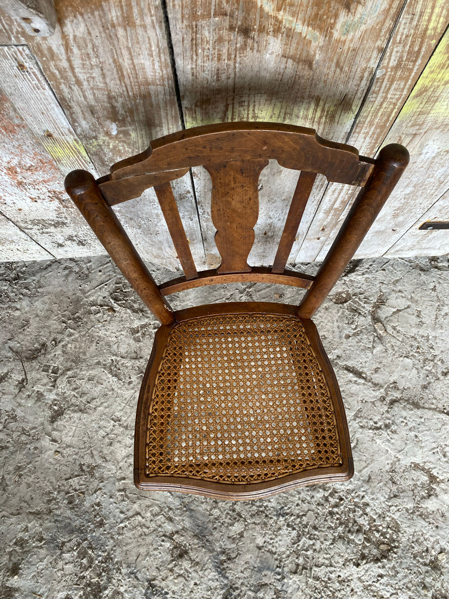 Antique Bistro Chair with Carved Wood and Woven Seat Vintage #E096