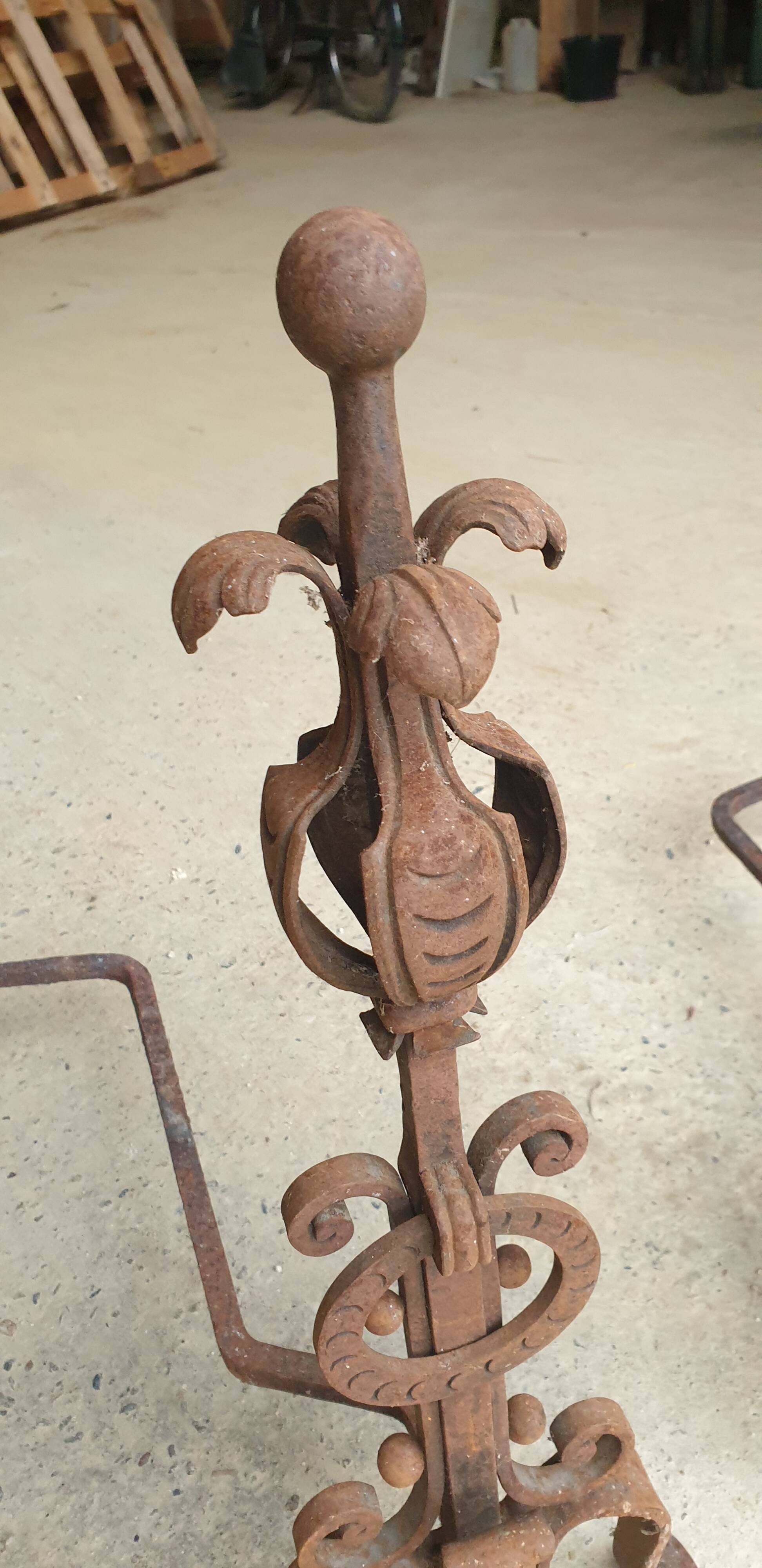 Pair of Wrought Iron Andirons with Refined Ornamentation - 20th Century