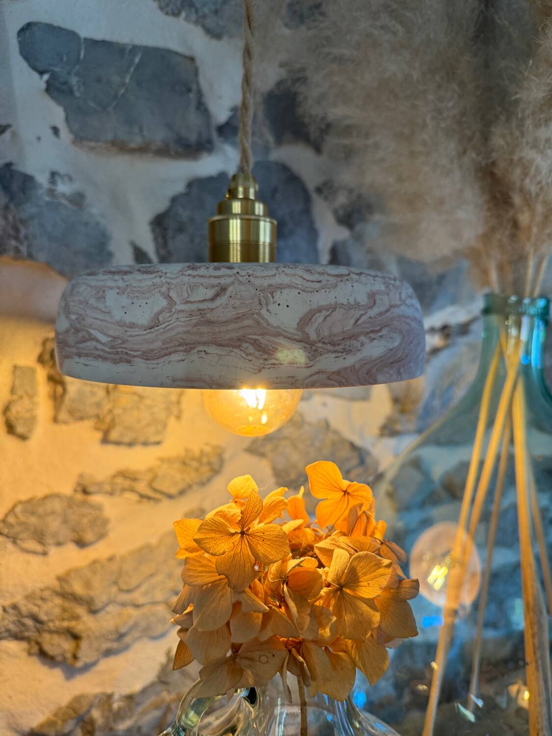 Pair of handcrafted portable lamps with a marbled stone effect