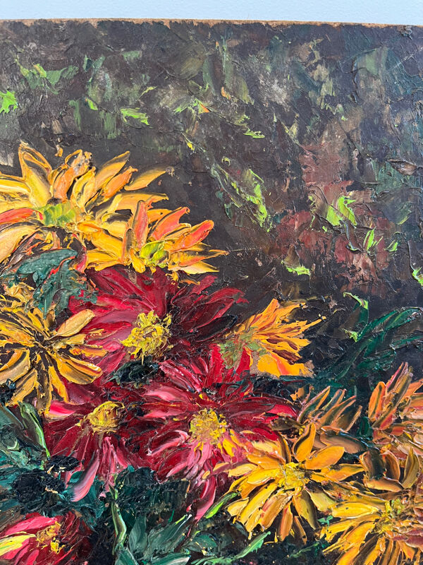 Bouquet avec plateau et bougeoir, technique couteau sur panneau bois