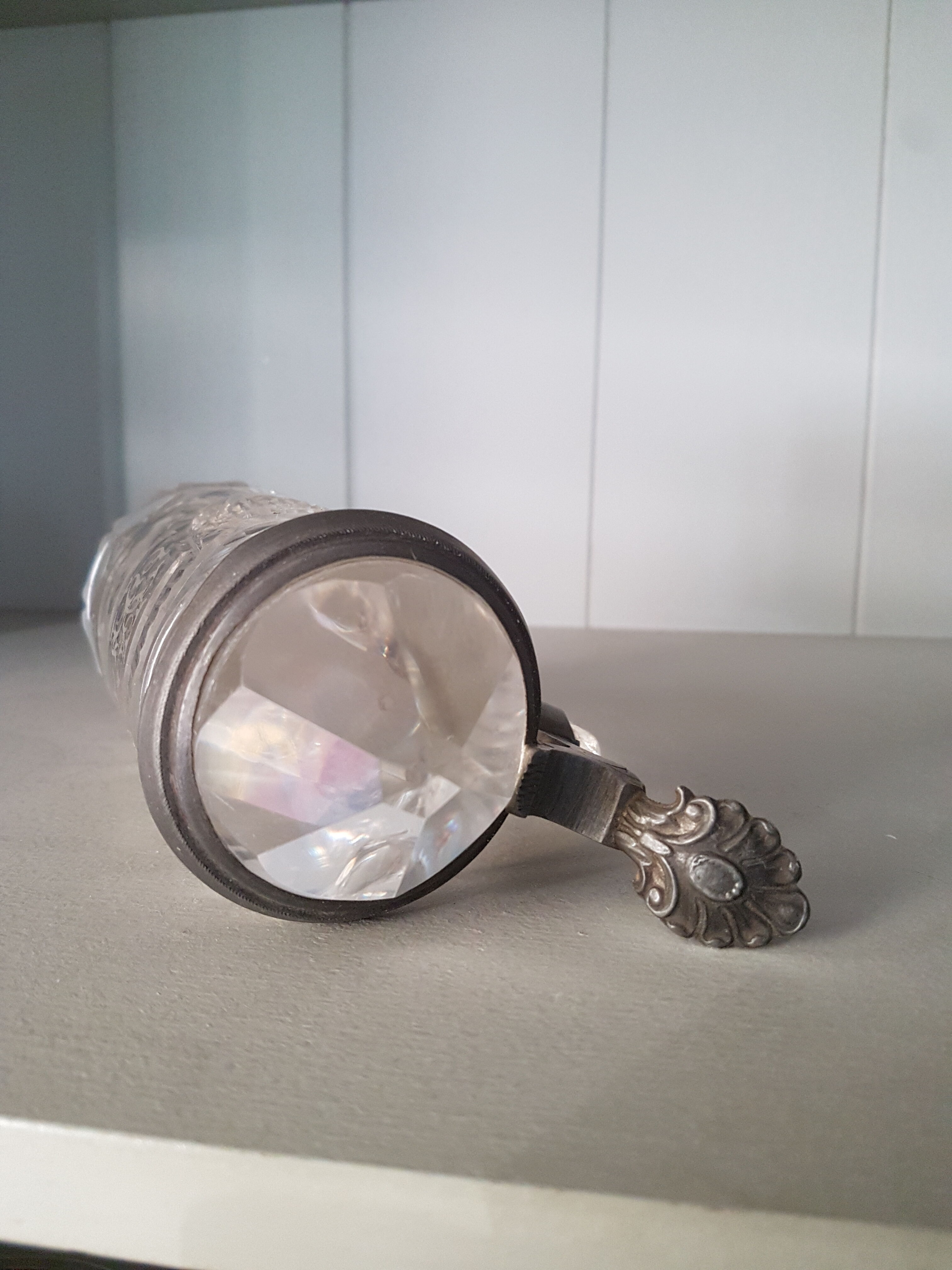 Antique engraved crystal and pewter beer mug