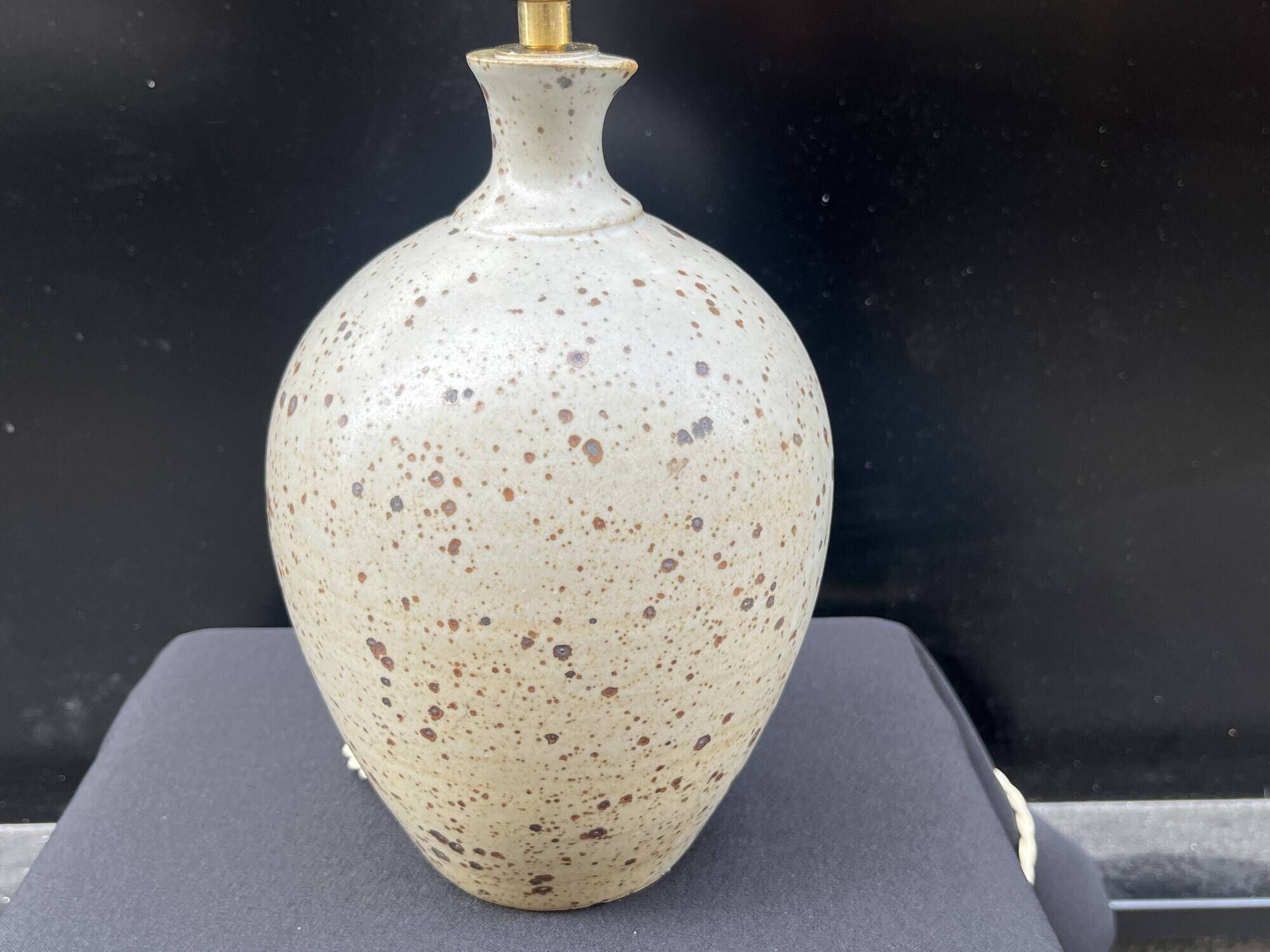 XXL Vintage Lamp Base in Beige Grey Stoneware with Raffia Lampshade 1970