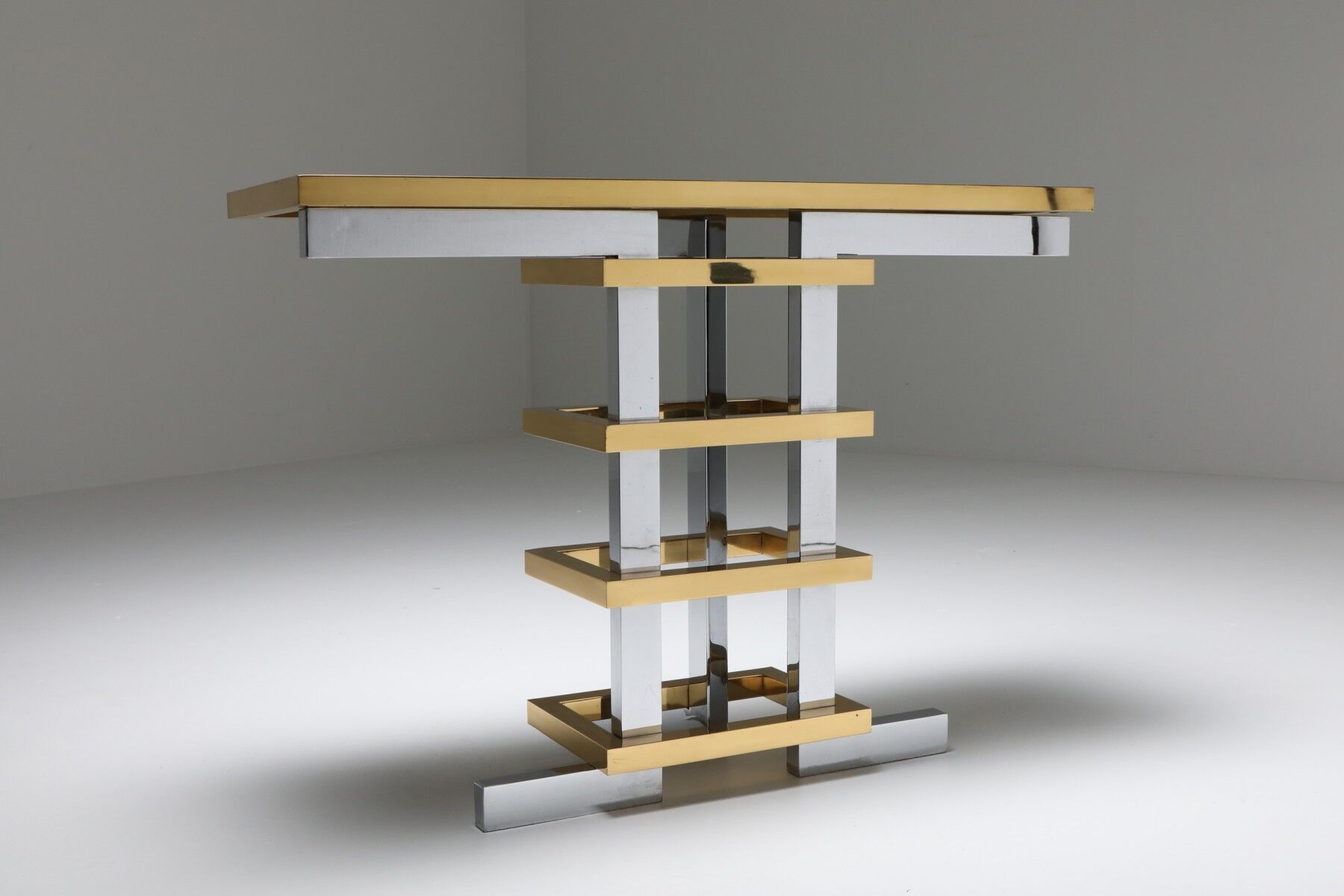 Brass and chrome console with 1970 Duchise glass tray