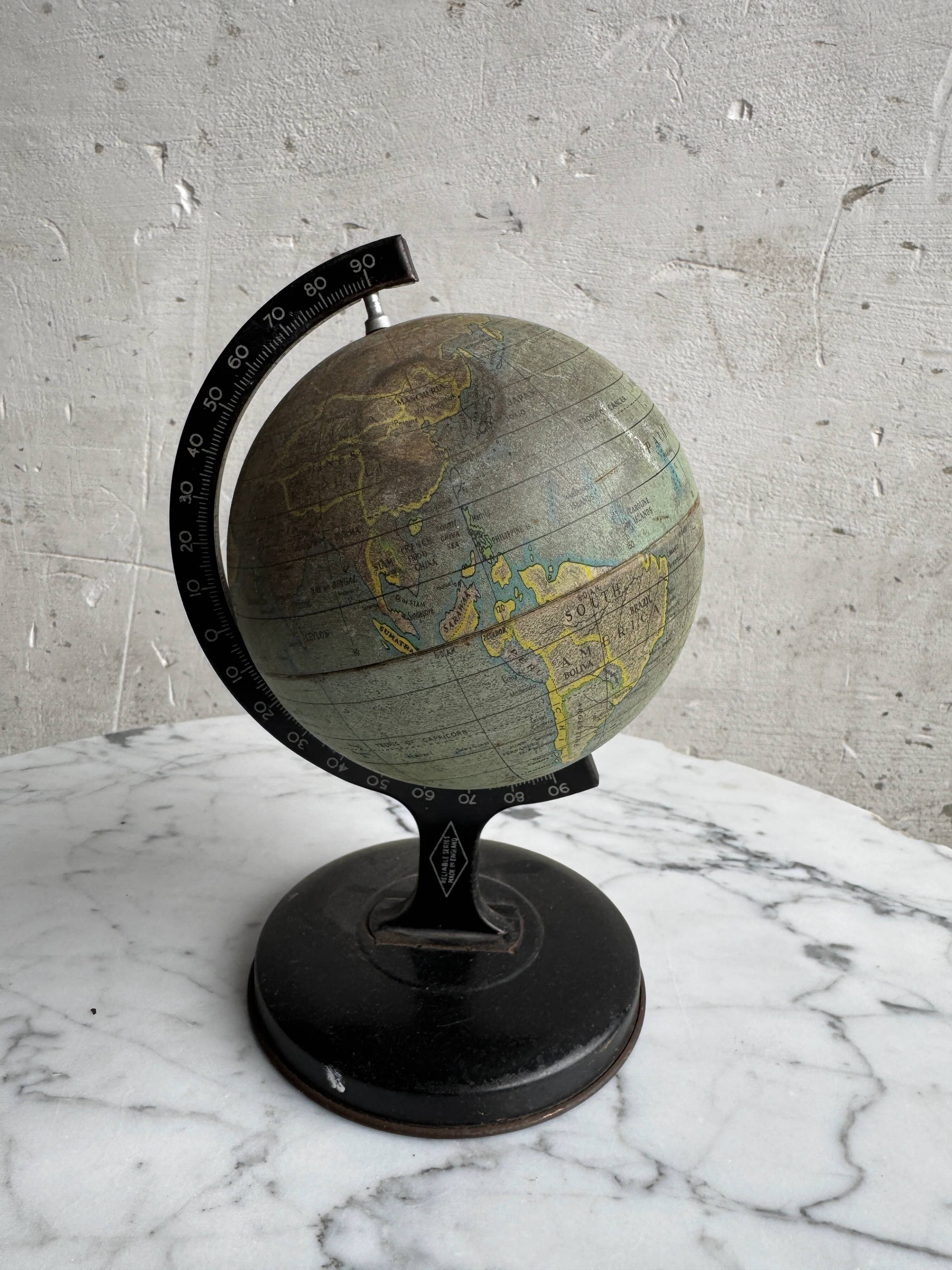 Miniature Green Paper-Covered Globe with Metal Base and Meridian — Made in England