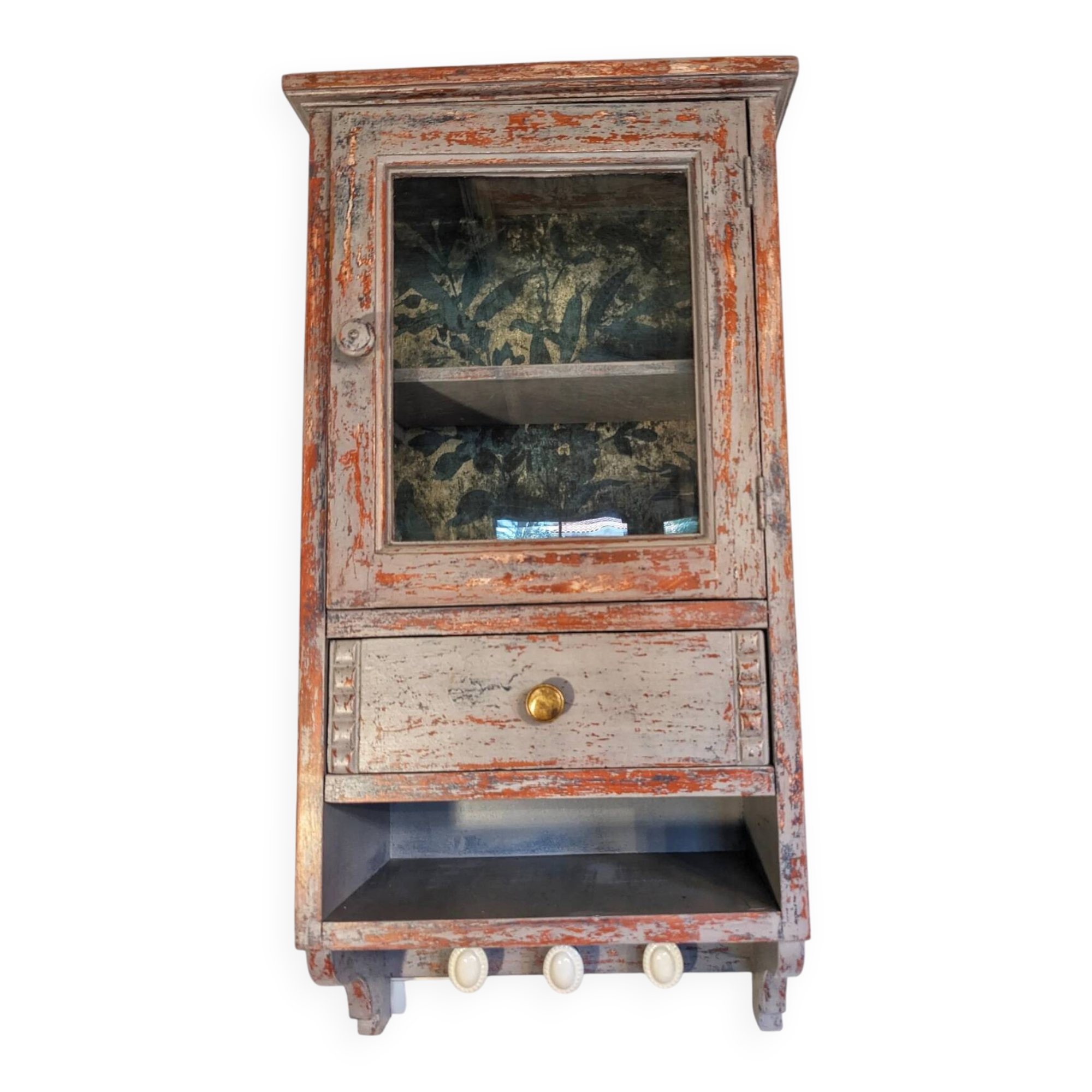 Vitrine murale vitrée en bois massif gris effet vieilli