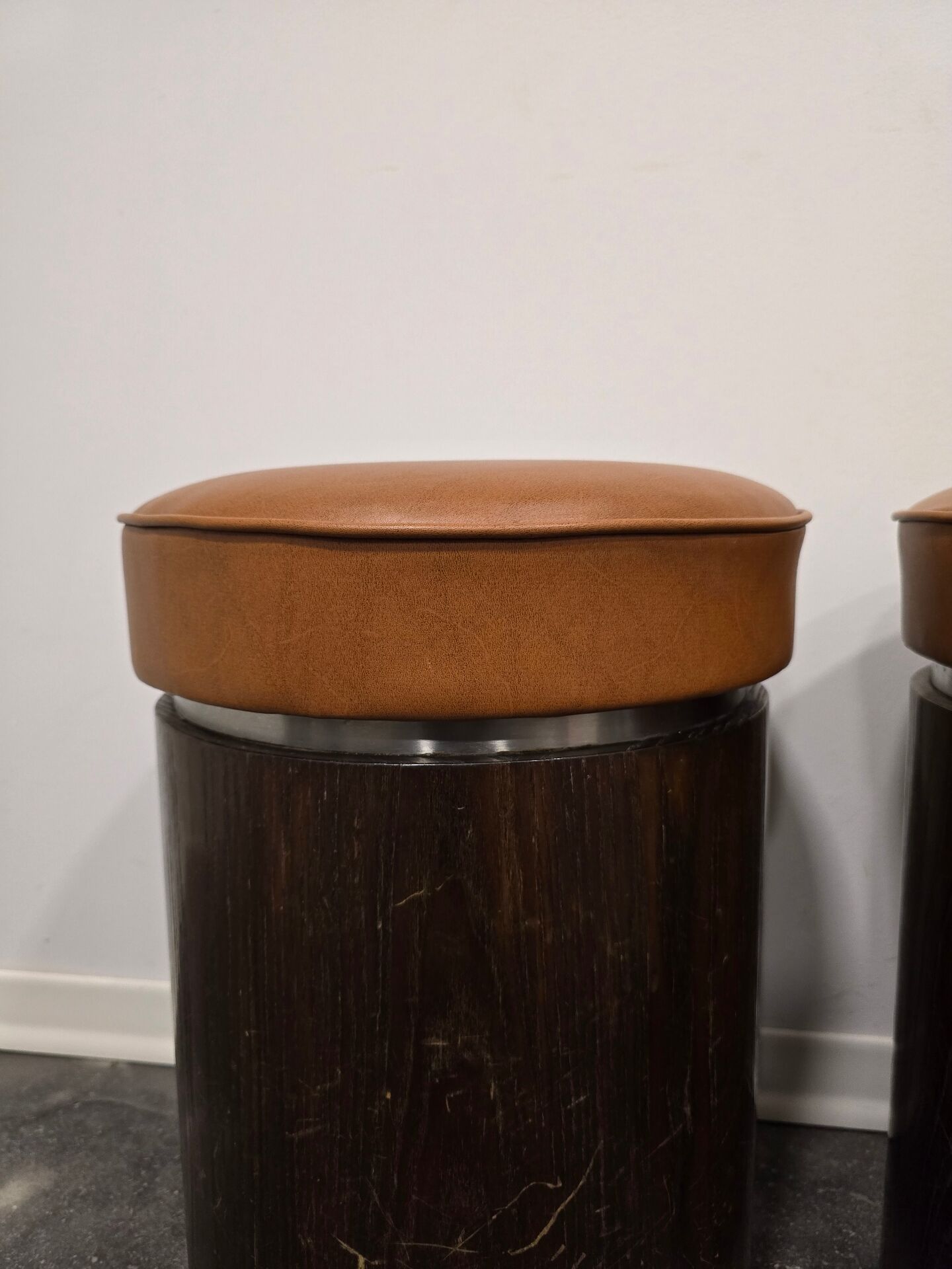 1970s Vintage Wooden Stool – Faux Leather Cushion & Aluminium Trim