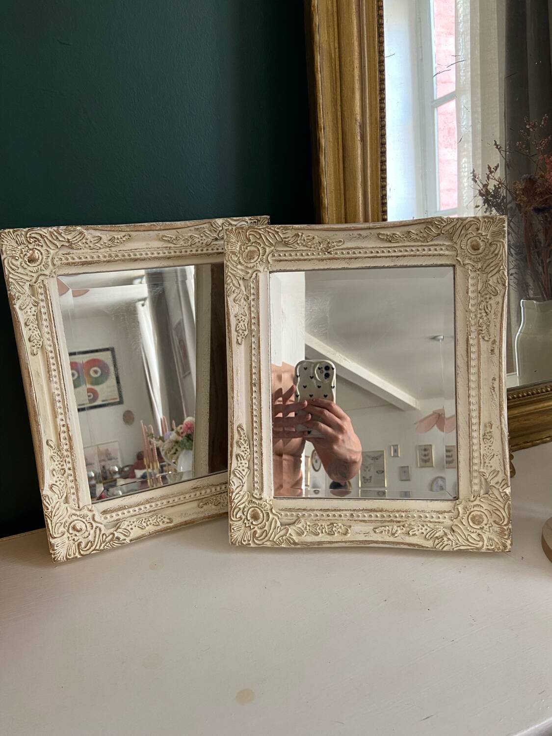 Set of two pretty mirrors in white, beige, and gold tones. Bohemian