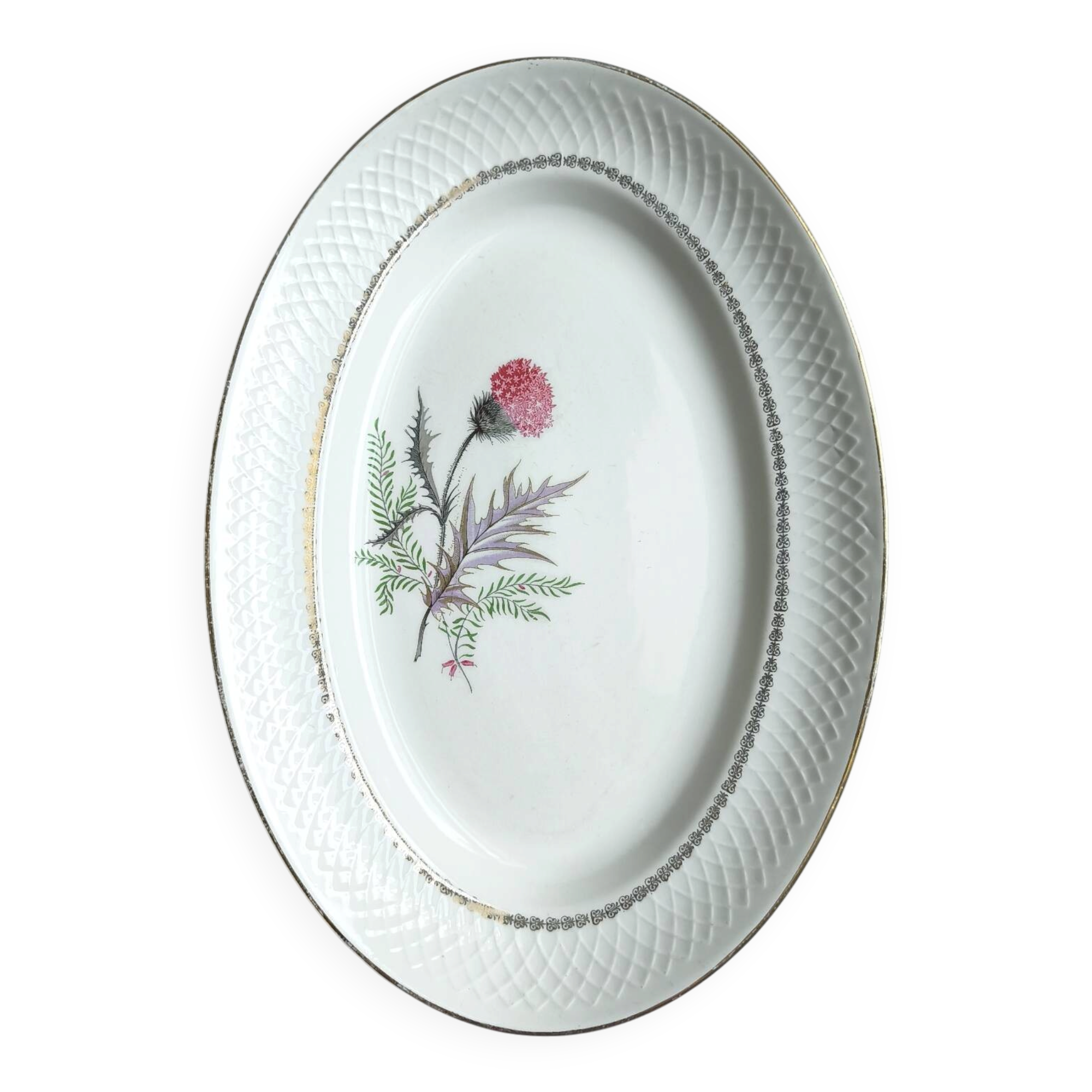Vintage oval plate signed Moulin des Loups model Imperia pink flower
