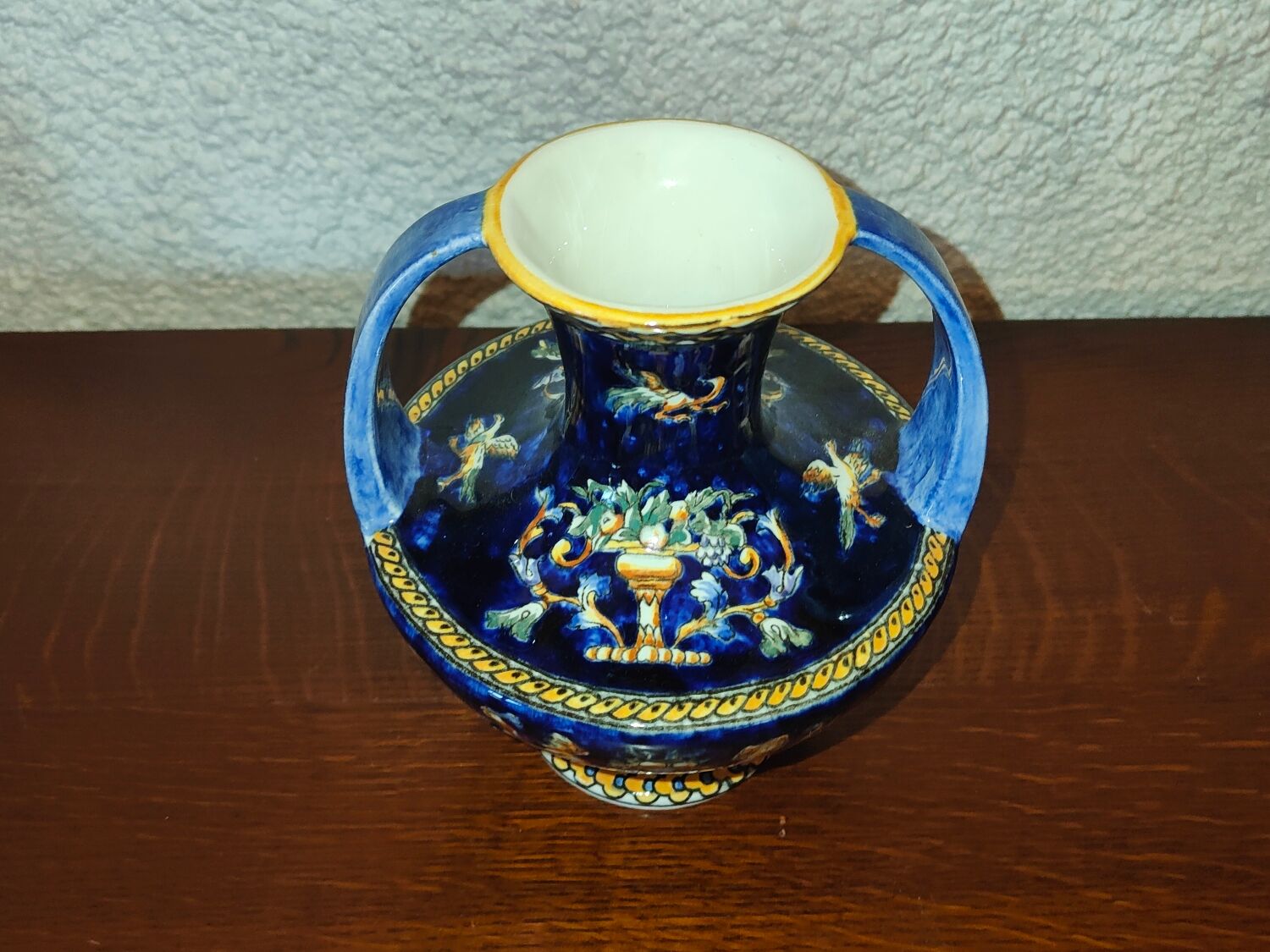 Vase with 2 polychrome handles in Gien earthenware France with Renaissance decoration 1938