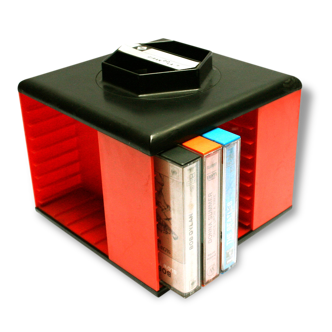 Range ou porte cassettes orange Girandola en plastique, rangement rotatif pour 20 ou 32 cassettes, Années 70