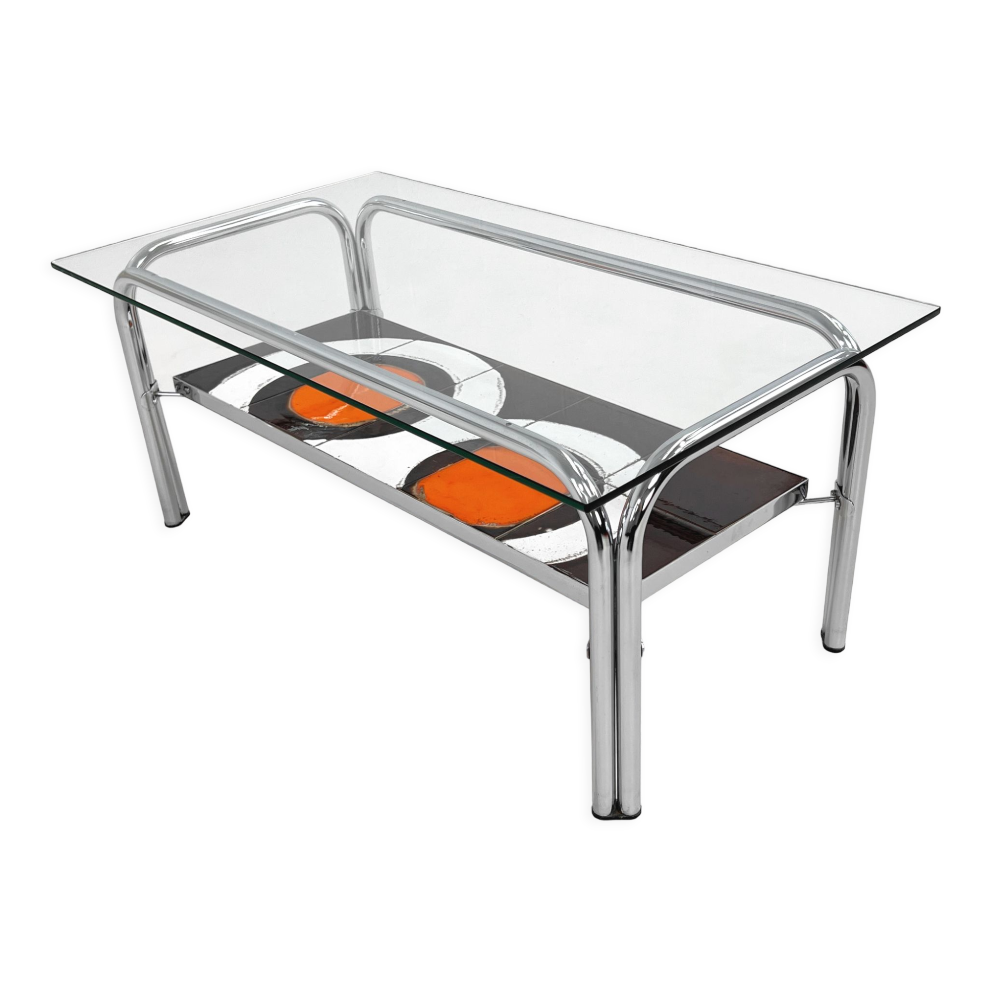 Coffee table of the 60s - 70s in ceramic, chrome and glass