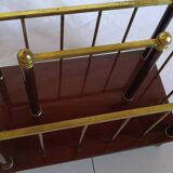 Magazine holder or vintage wood & brass bottles