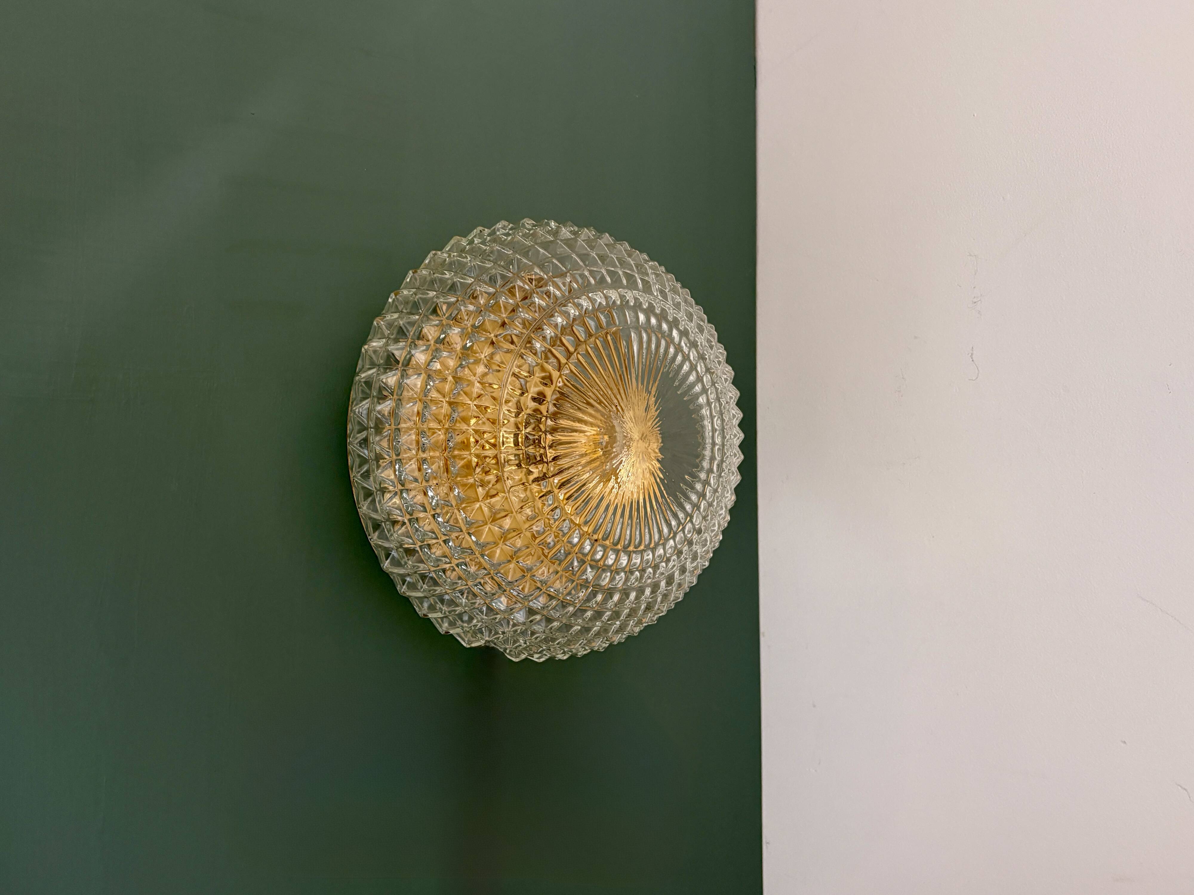 Vintage globe wall or ceiling light in molded diamond-point glass
